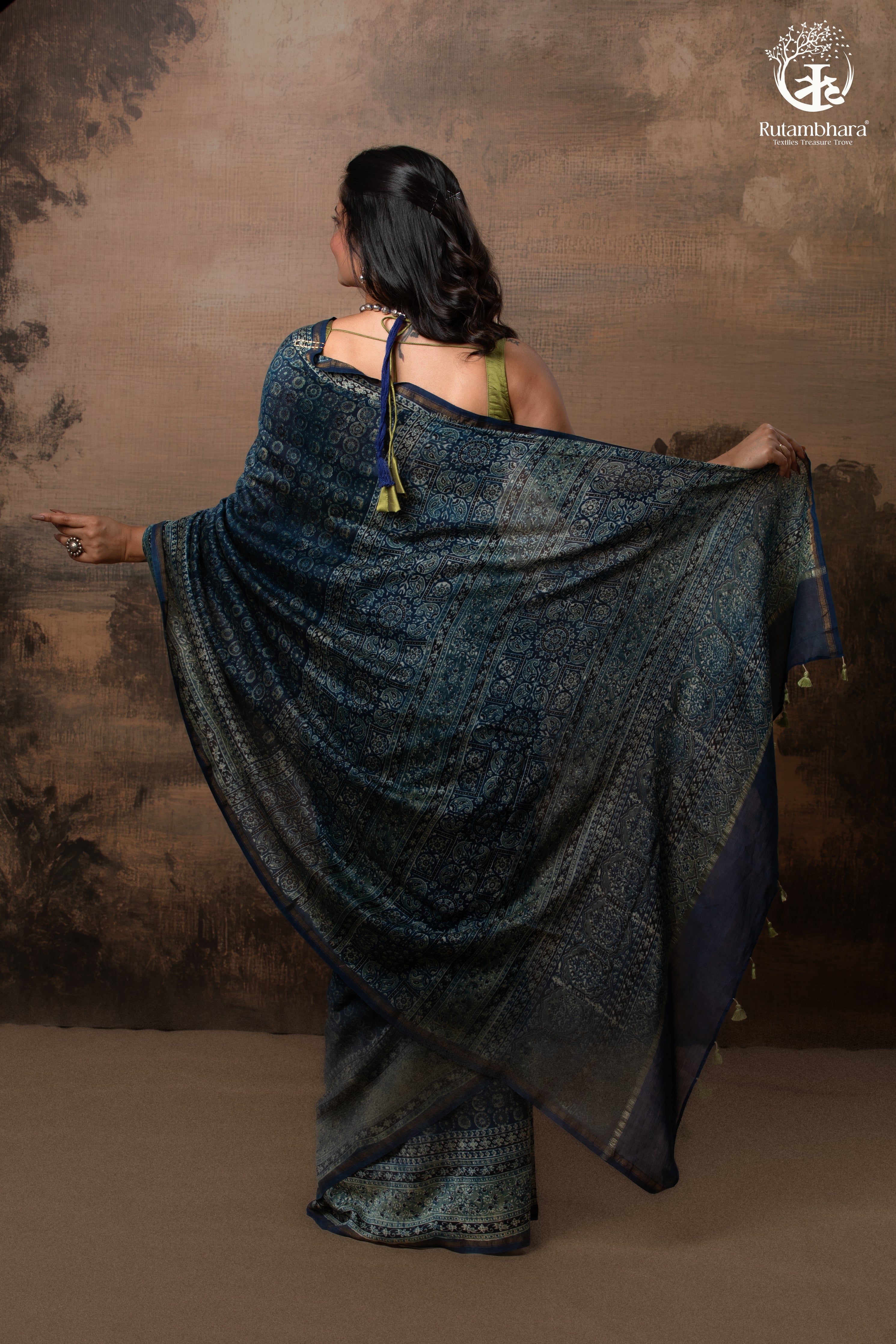 Ushraa - Midnight Indigo – Ajrakh in Fluid Silk Cotton With Small Zari Border