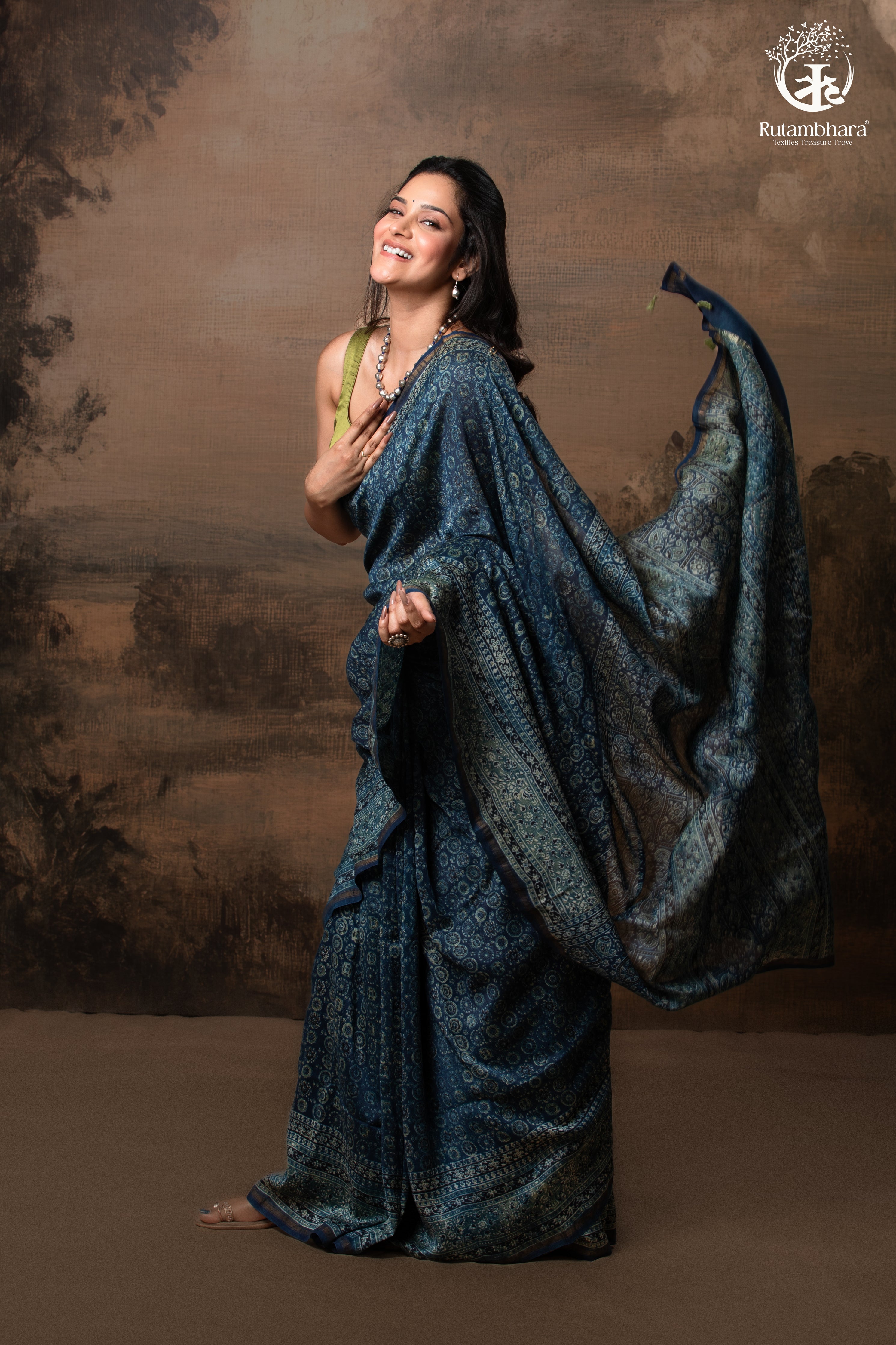 Ushraa - Midnight Indigo – Ajrakh in Fluid Silk Cotton With Small Zari Border