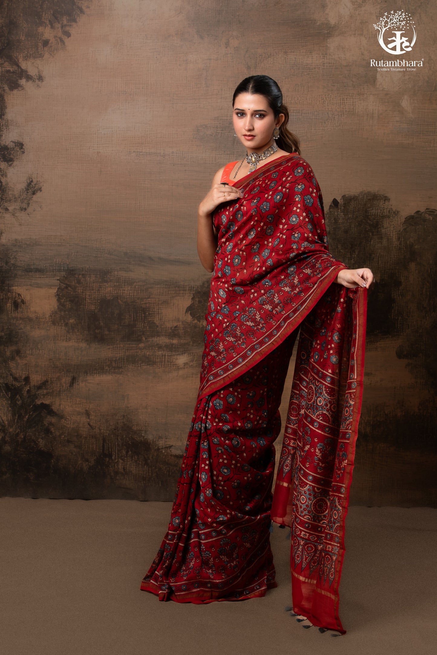 Ushraa - Vermilion Red Ajrakh Silk Cotton Saree with Delicate Gold Zari Border