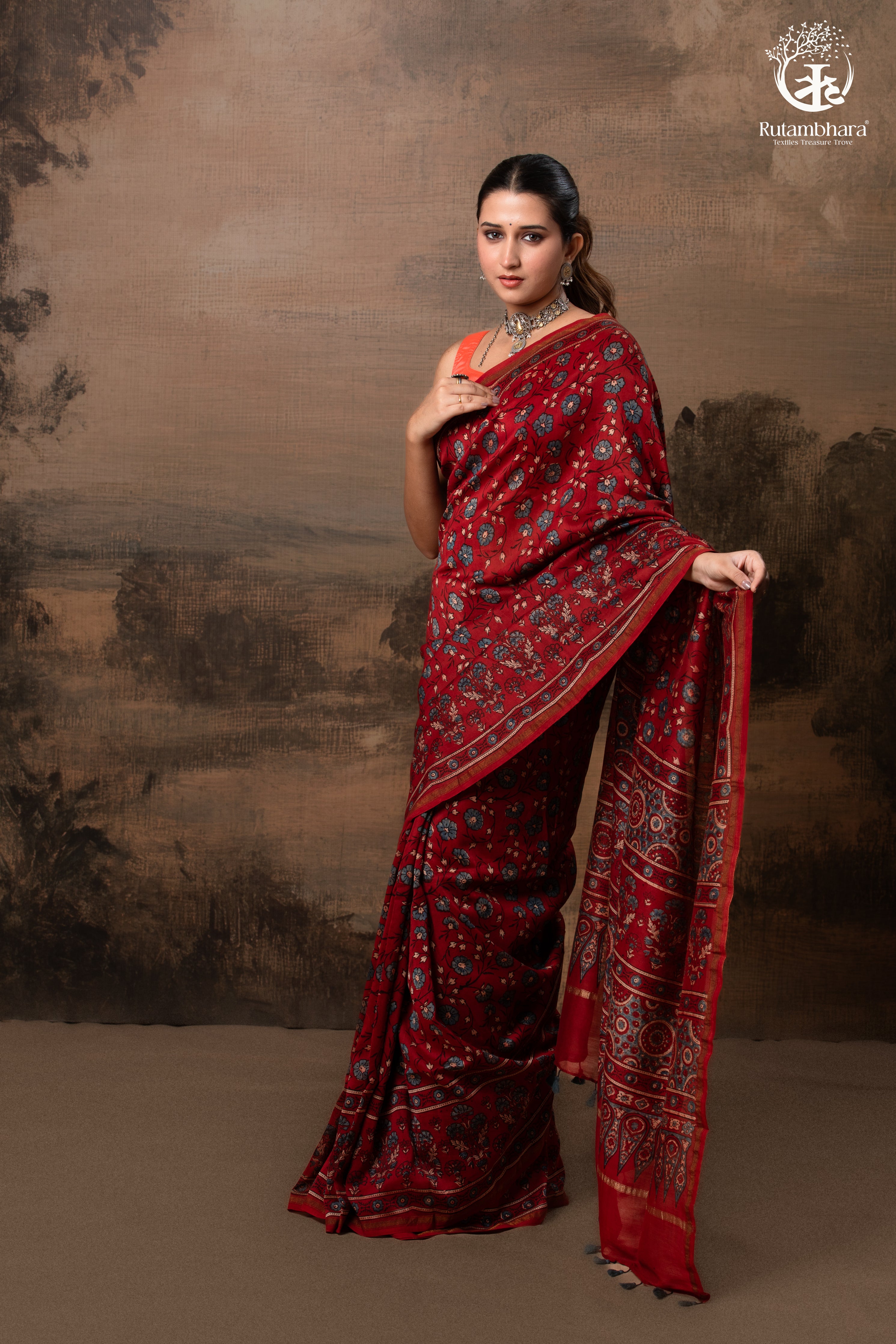 Ushraa - Vermilion Red Ajrakh Silk Cotton Saree with Delicate Gold Zari Border