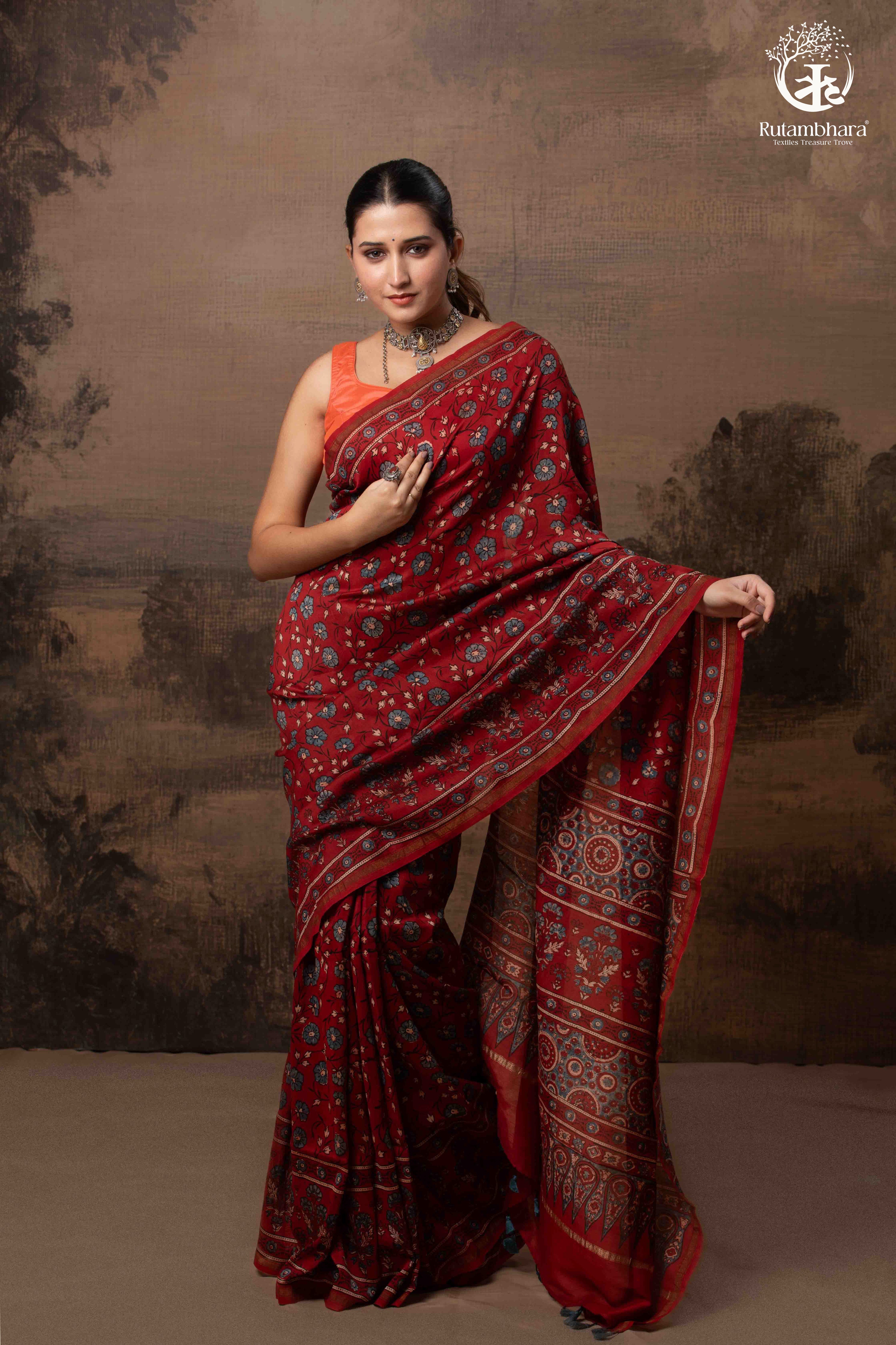 Ushraa - Vermilion Red Ajrakh Silk Cotton Saree with Delicate Gold Zari Border