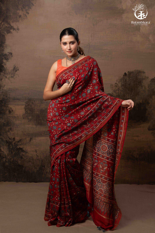 Ushraa - Vermilion Red Ajrakh Silk Cotton Saree with Delicate Gold Zari Border