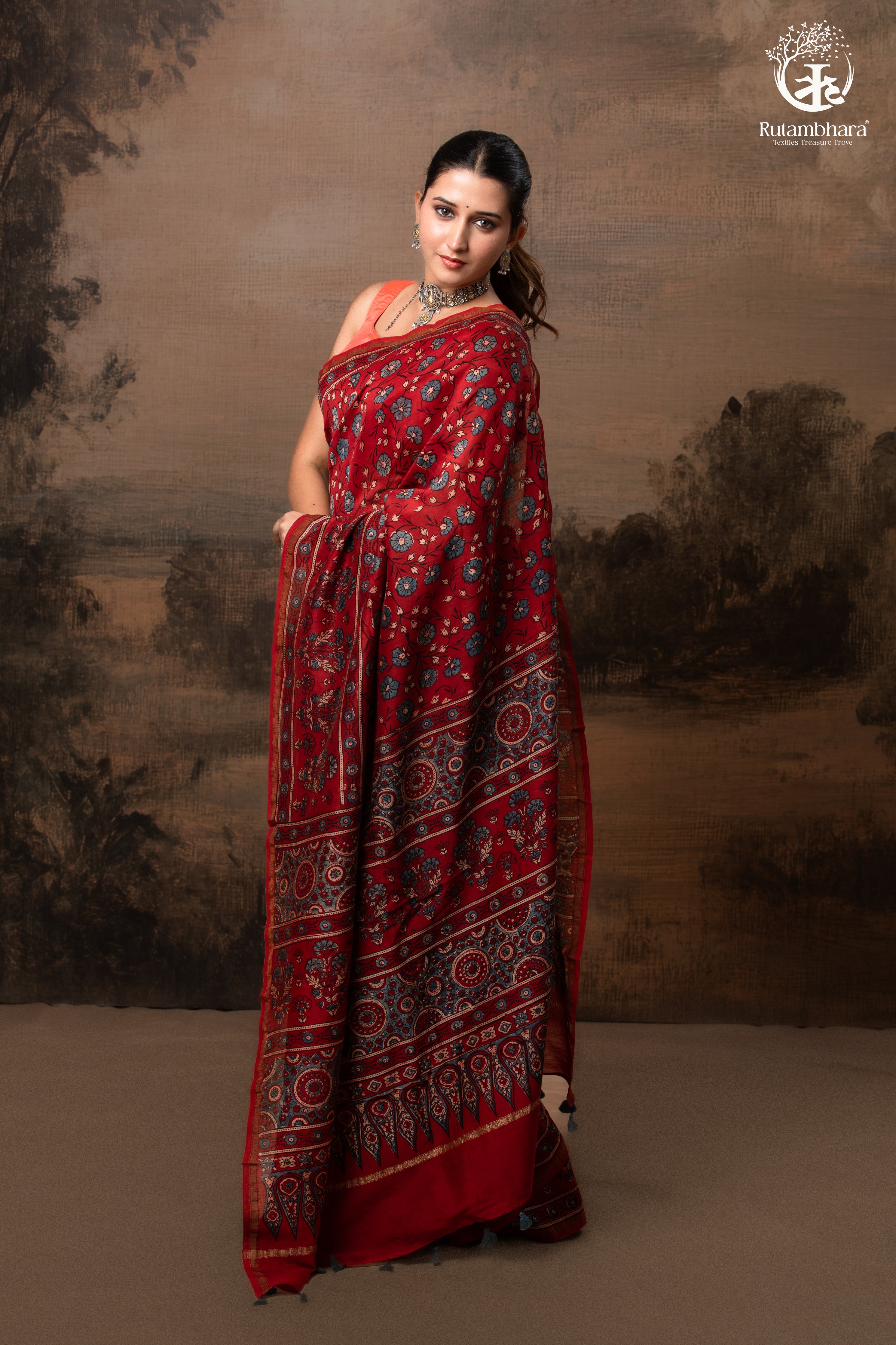 Ushraa - Vermilion Red Ajrakh Silk Cotton Saree with Delicate Gold Zari Border