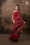 Ushraa - Vermilion Red Ajrakh Silk Cotton Saree with Delicate Gold Zari Border
