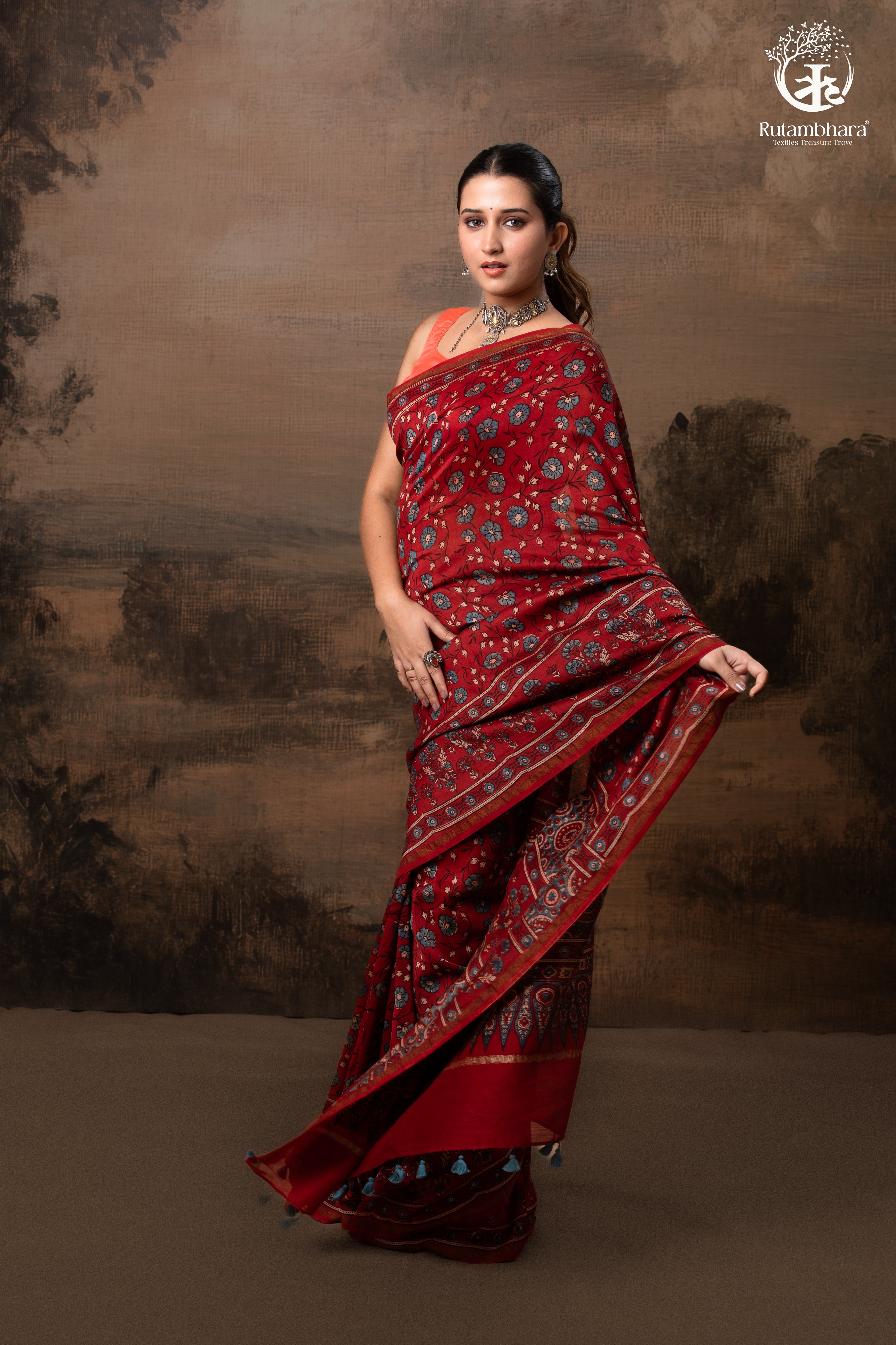 Ushraa - Vermilion Red Ajrakh Silk Cotton Saree with Delicate Gold Zari Border