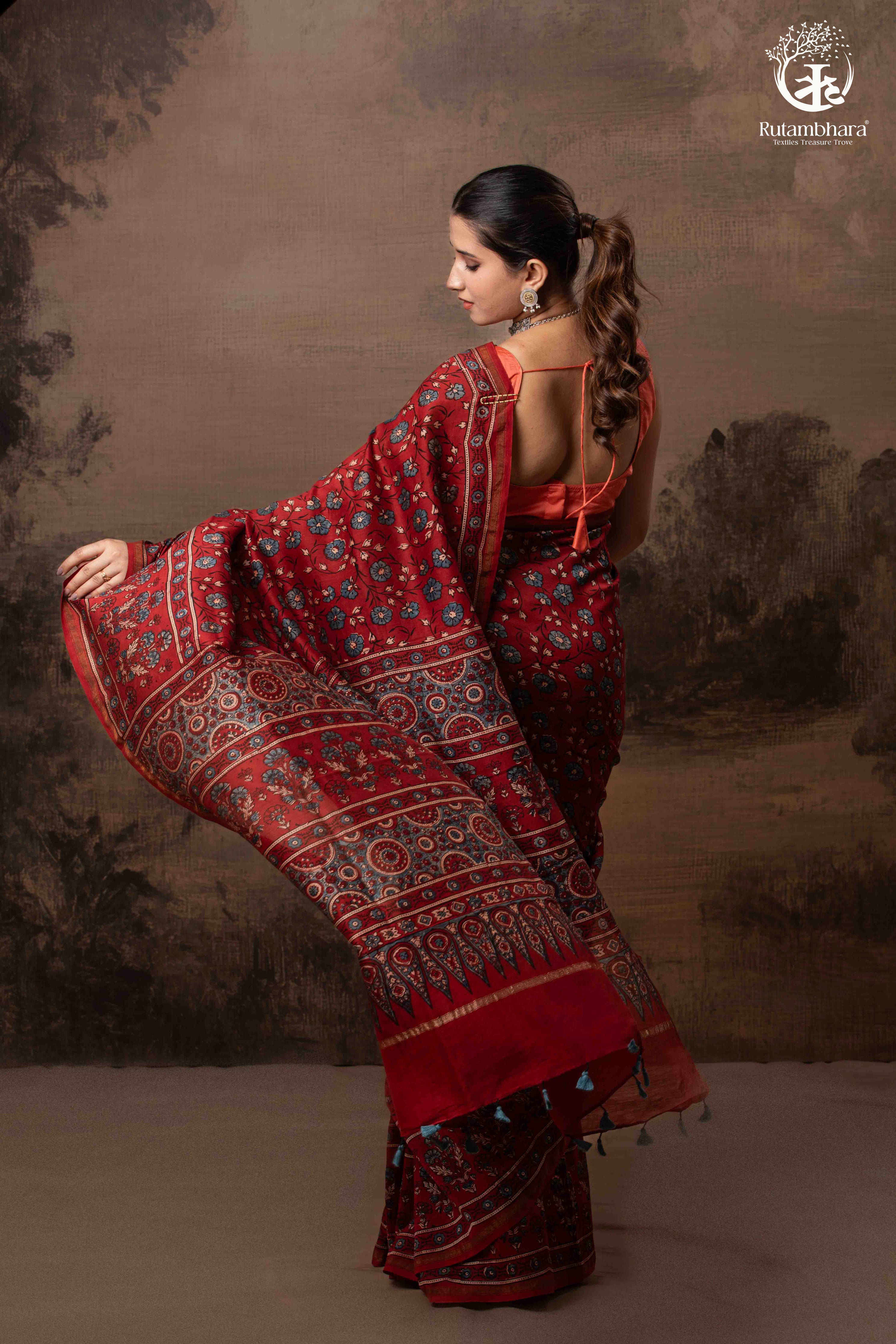 Ushraa - Vermilion Red Ajrakh Silk Cotton Saree with Delicate Gold Zari Border