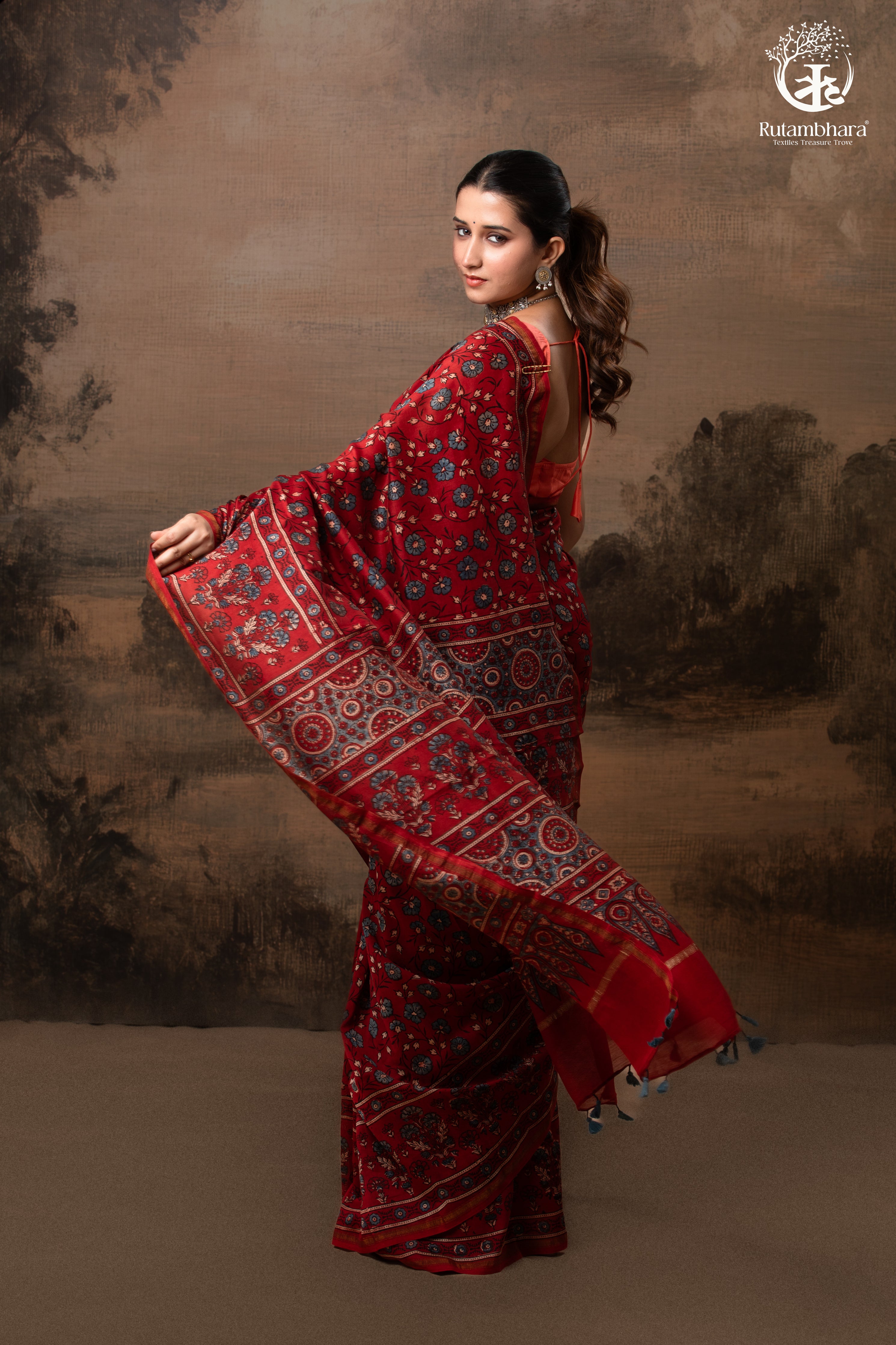 Ushraa - Vermilion Red Ajrakh Silk Cotton Saree with Delicate Gold Zari Border