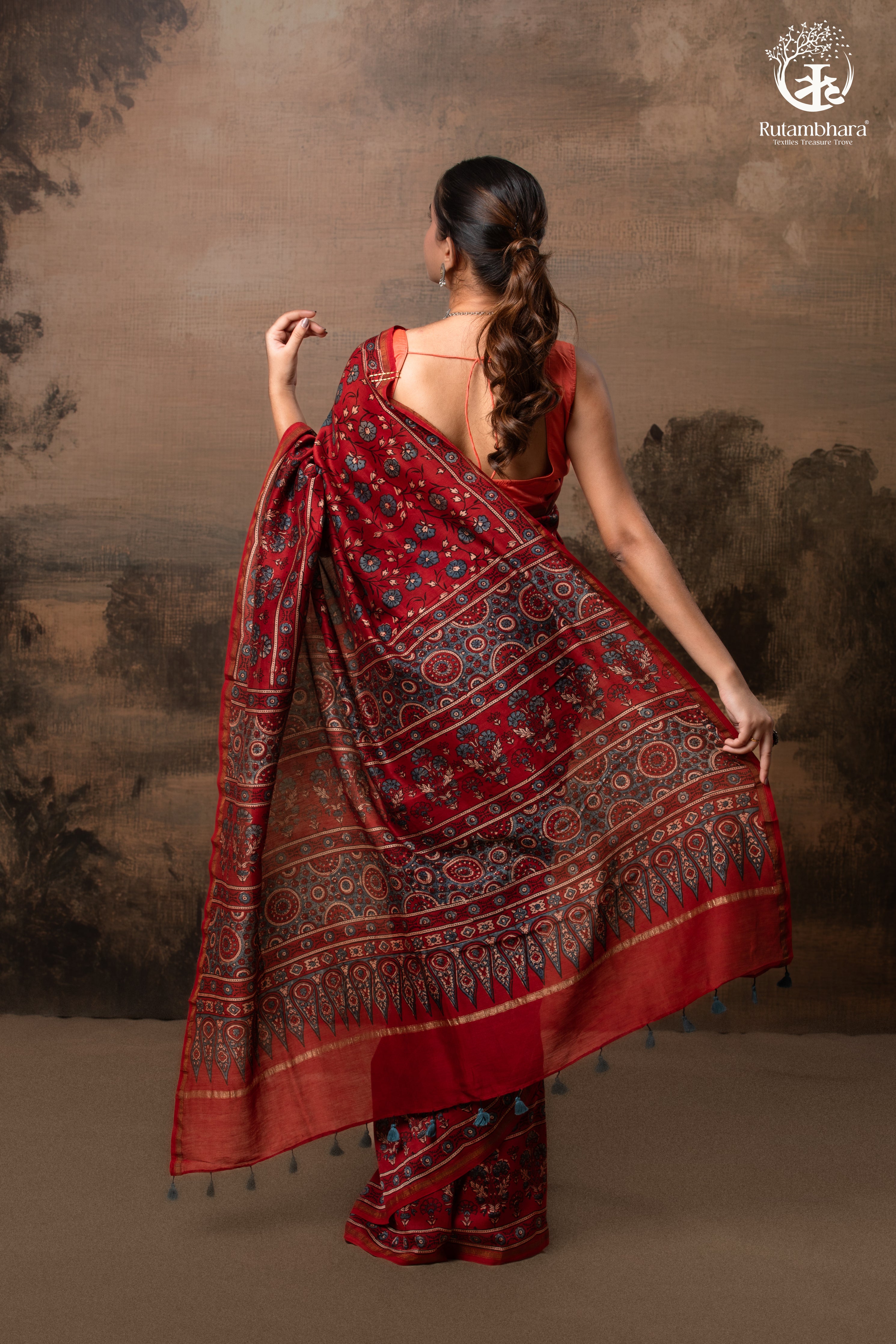 Ushraa - Vermilion Red Ajrakh Silk Cotton Saree with Delicate Gold Zari Border