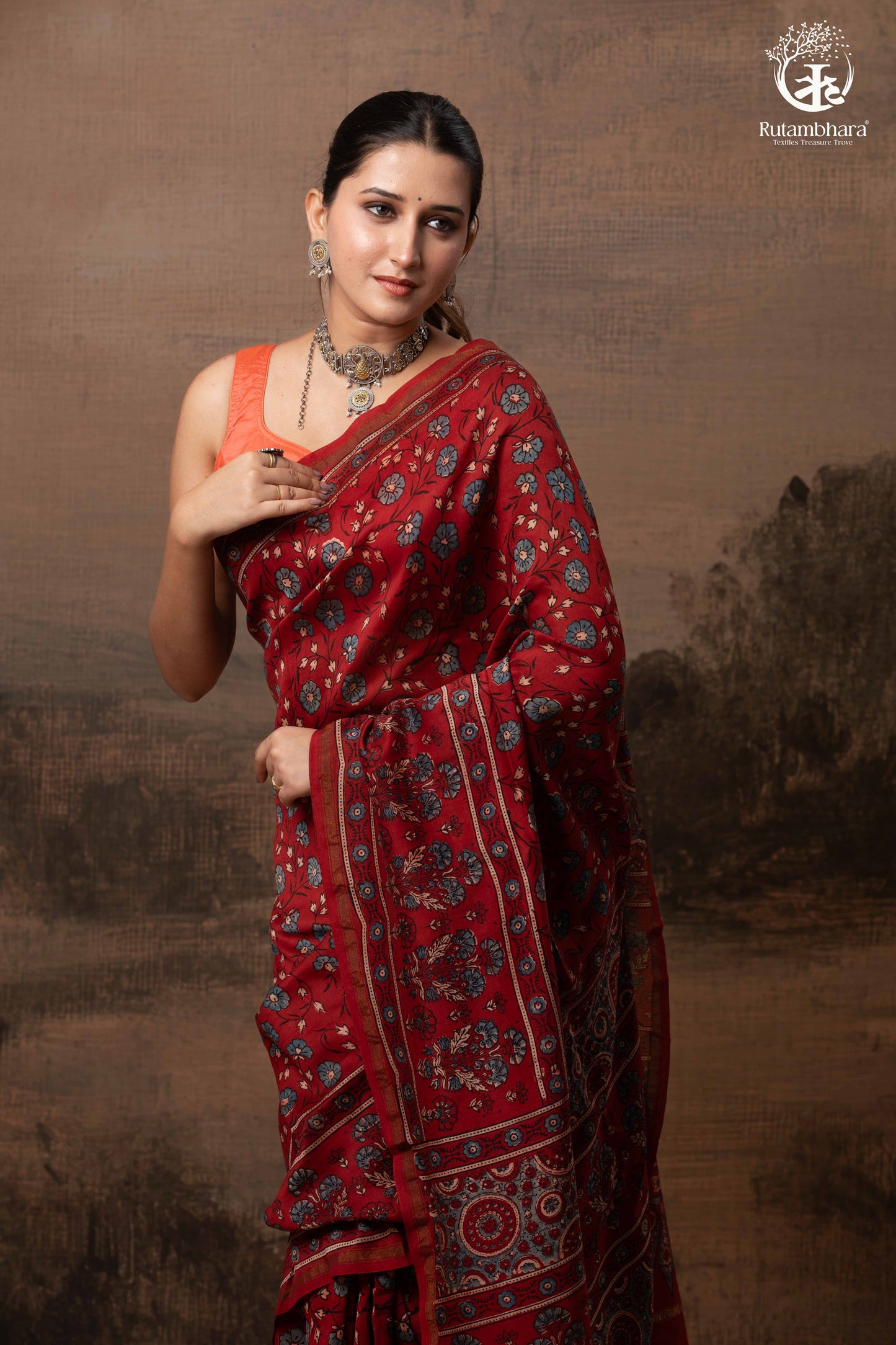 Ushraa - Vermilion Red Ajrakh Silk Cotton Saree with Delicate Gold Zari Border