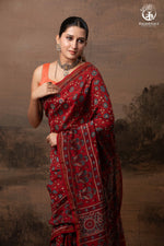 Ushraa - Vermilion Red Ajrakh Silk Cotton Saree with Delicate Gold Zari Border-RUTAMBHARA-RUTAMBHARA