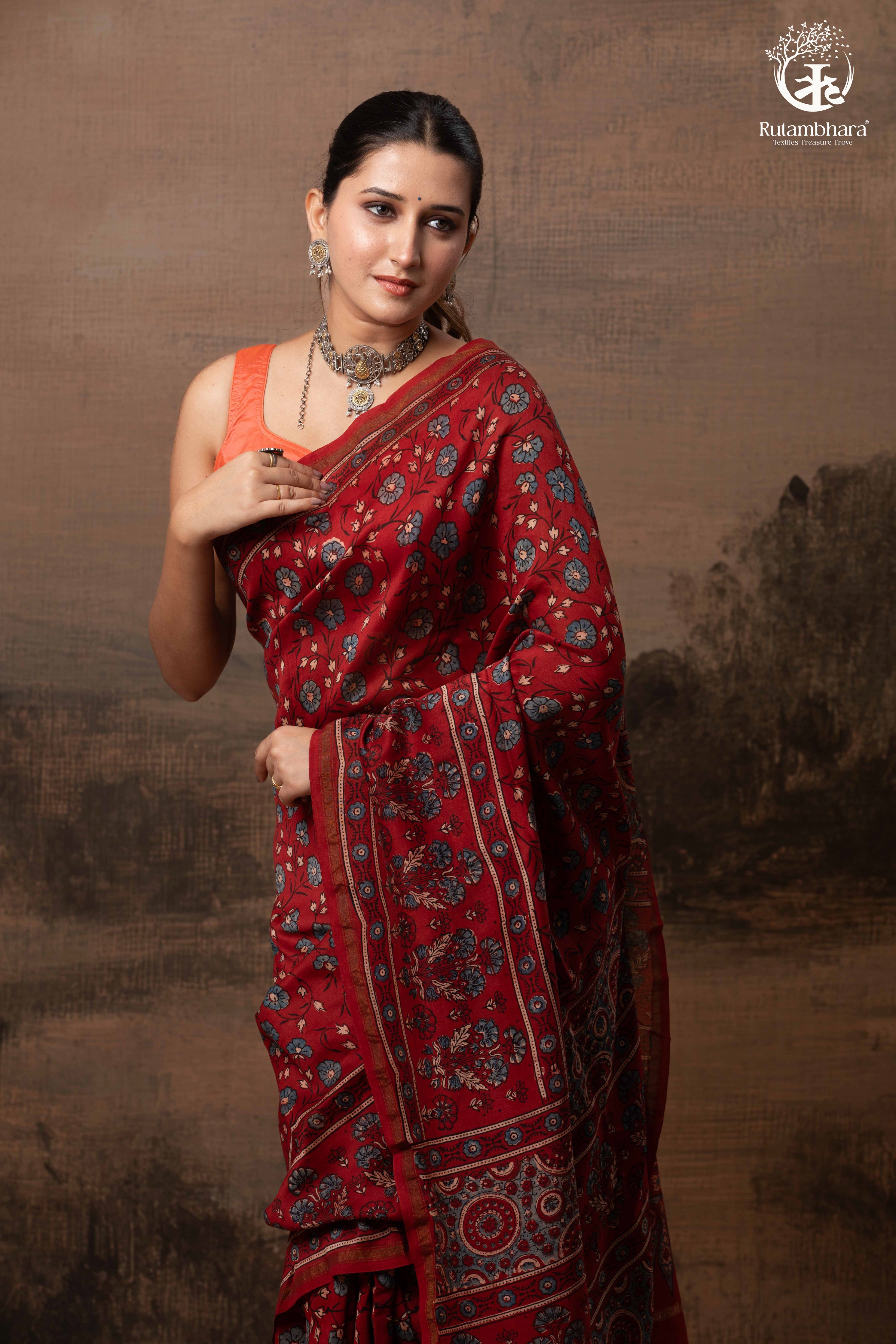 Ushraa - Vermilion Red Ajrakh Silk Cotton Saree with Delicate Gold Zari Border