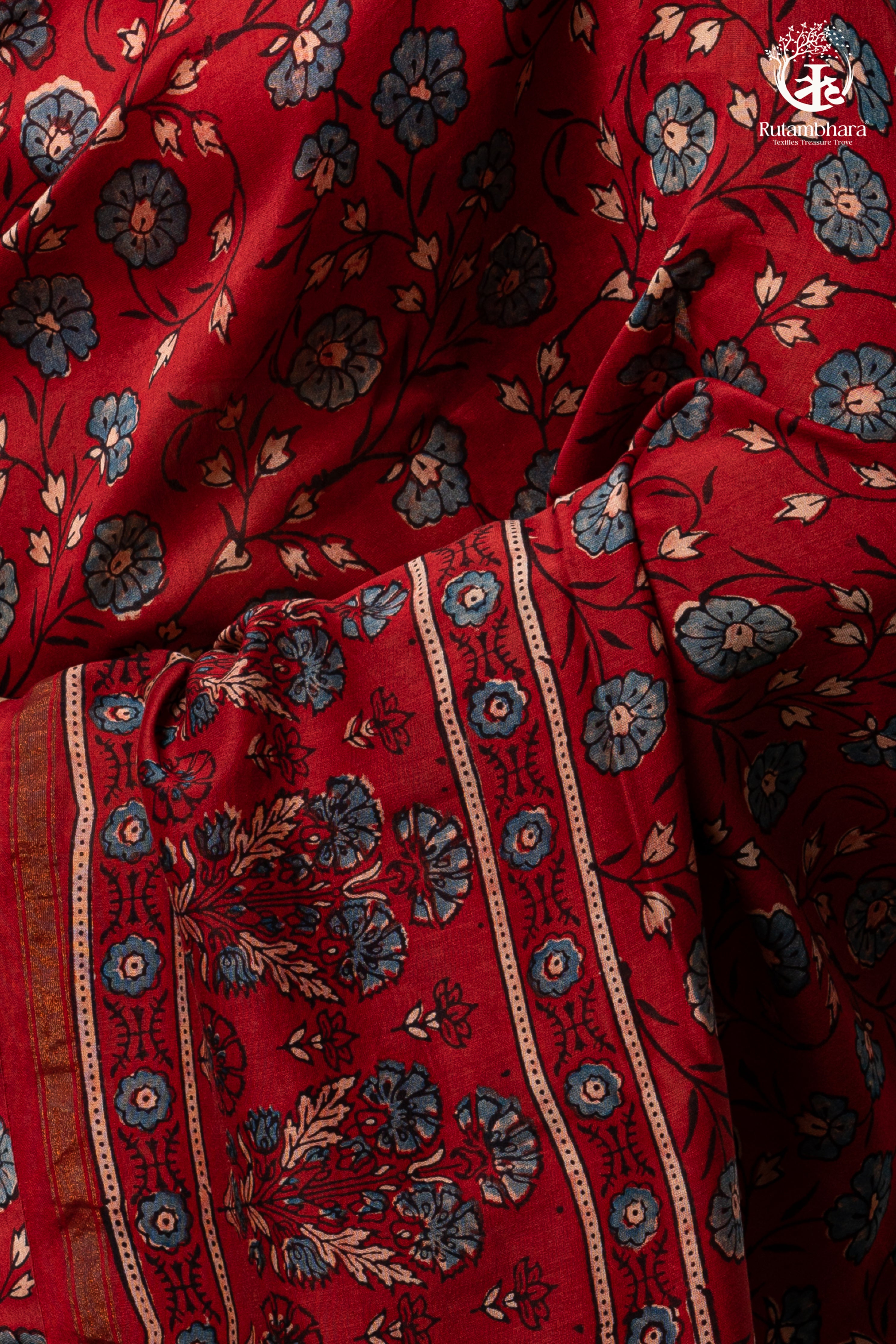 Ushraa - Vermilion Red Ajrakh Silk Cotton Saree with Delicate Gold Zari Border