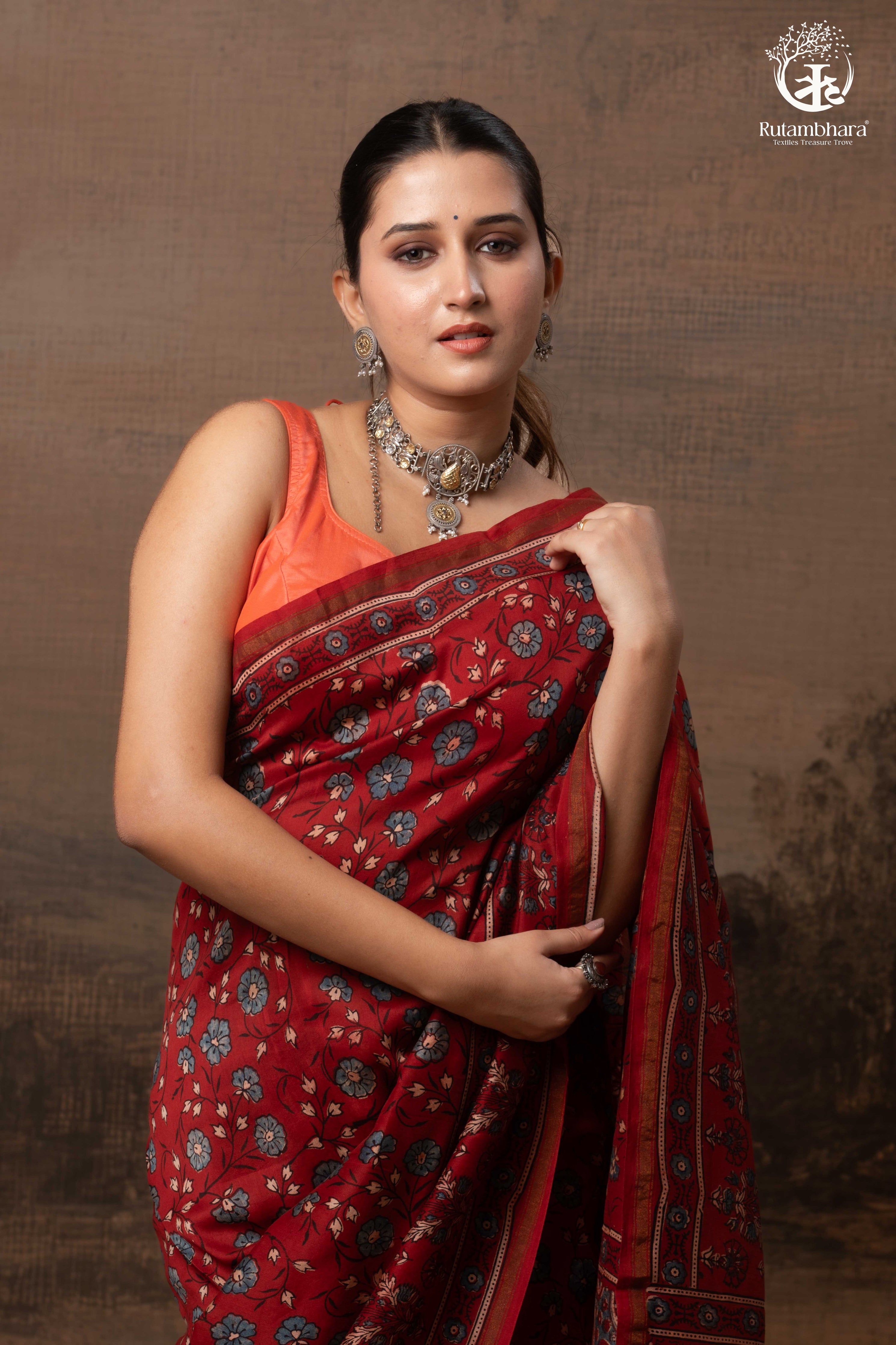 Ushraa - Vermilion Red Ajrakh Silk Cotton Saree with Delicate Gold Zari Border