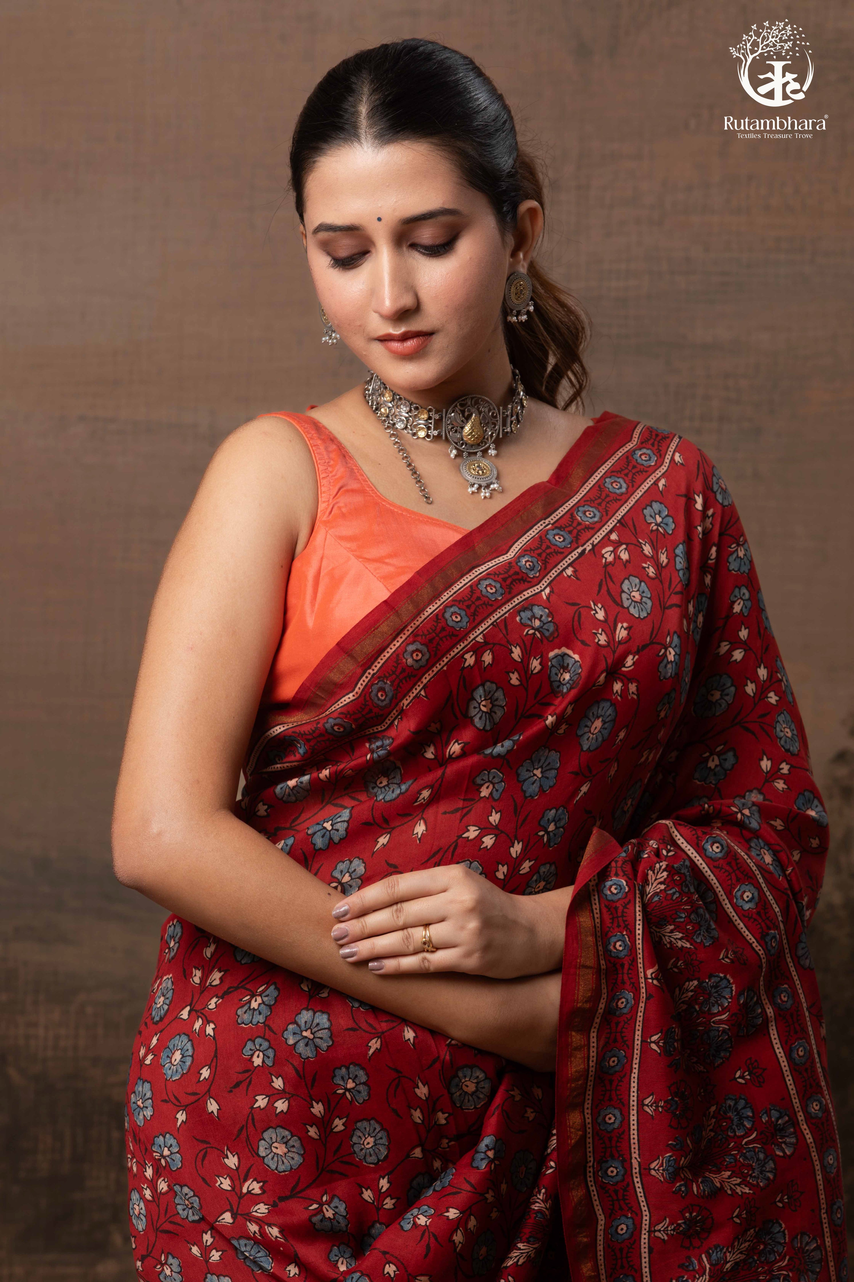 Ushraa - Vermilion Red Ajrakh Silk Cotton Saree with Delicate Gold Zari Border