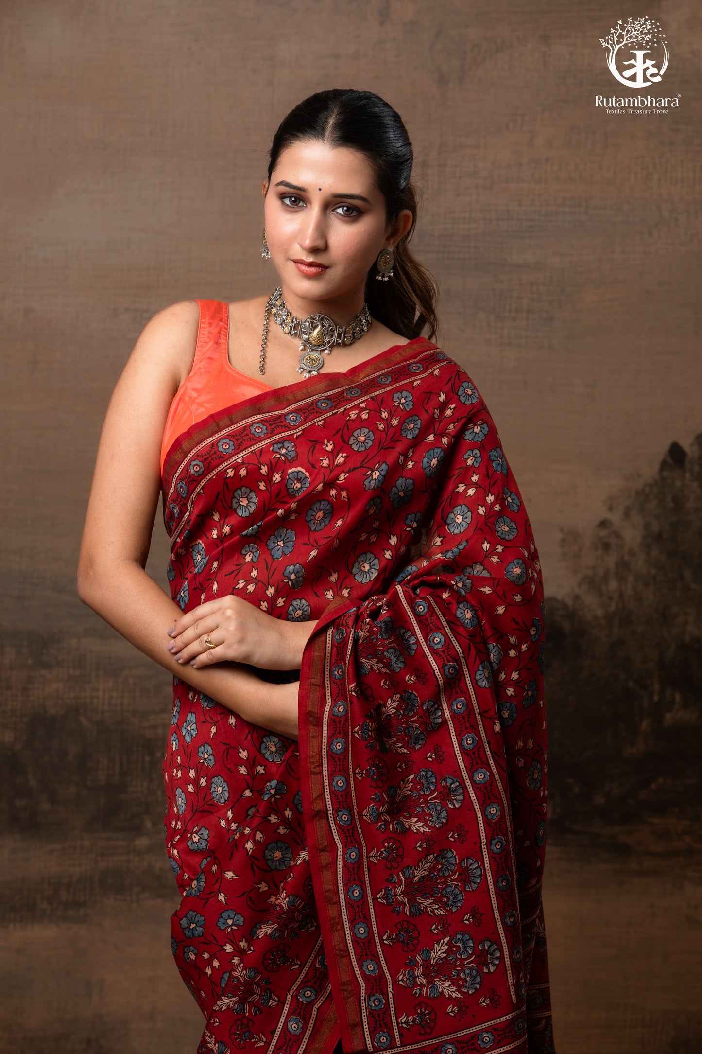 Ushraa - Vermilion Red Ajrakh Silk Cotton Saree with Delicate Gold Zari Border