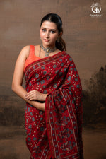 Ushraa - Vermilion Red Ajrakh Silk Cotton Saree with Delicate Gold Zari Border-RUTAMBHARA-RUTAMBHARA