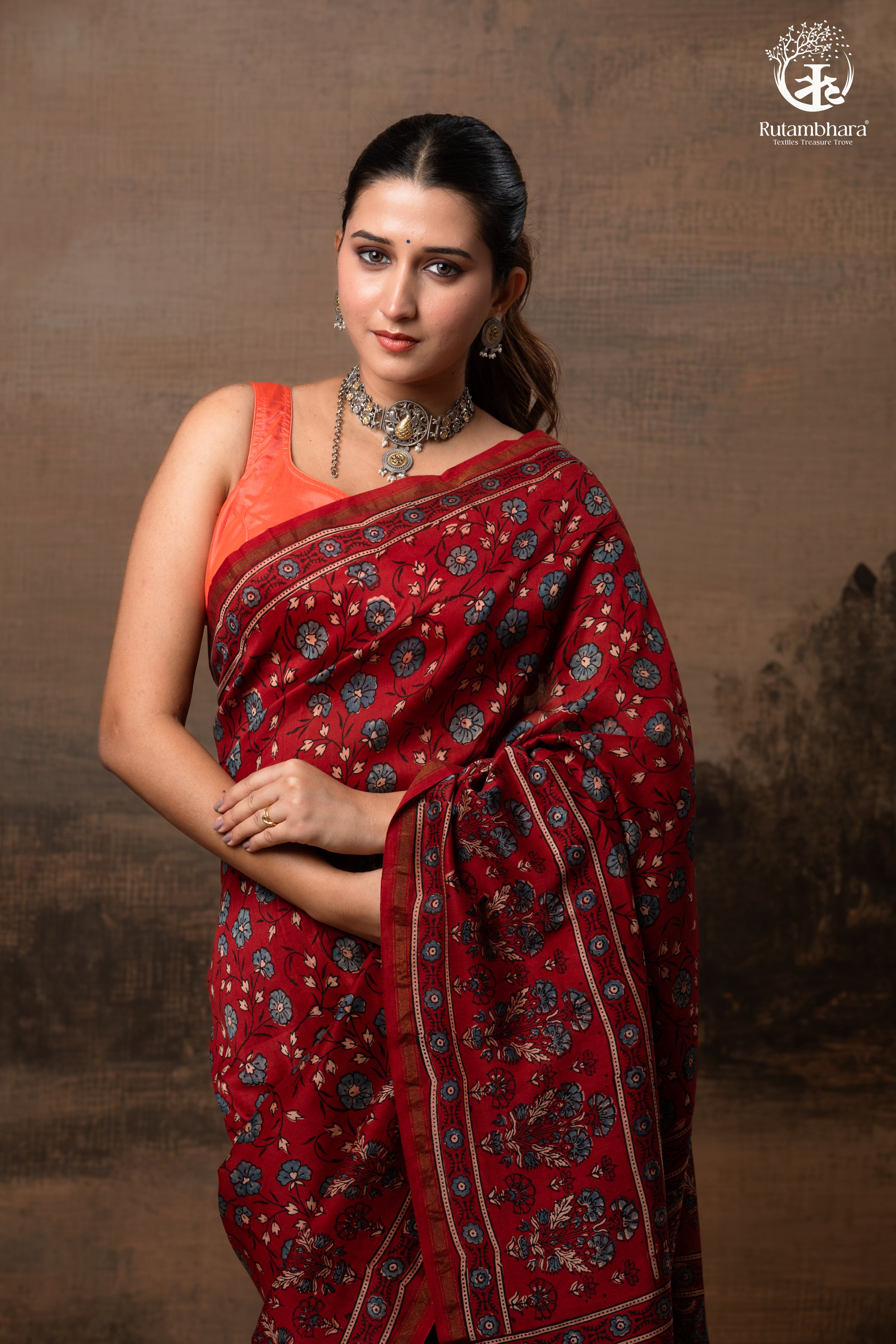 Ushraa - Vermilion Red Ajrakh Silk Cotton Saree with Delicate Gold Zari Border