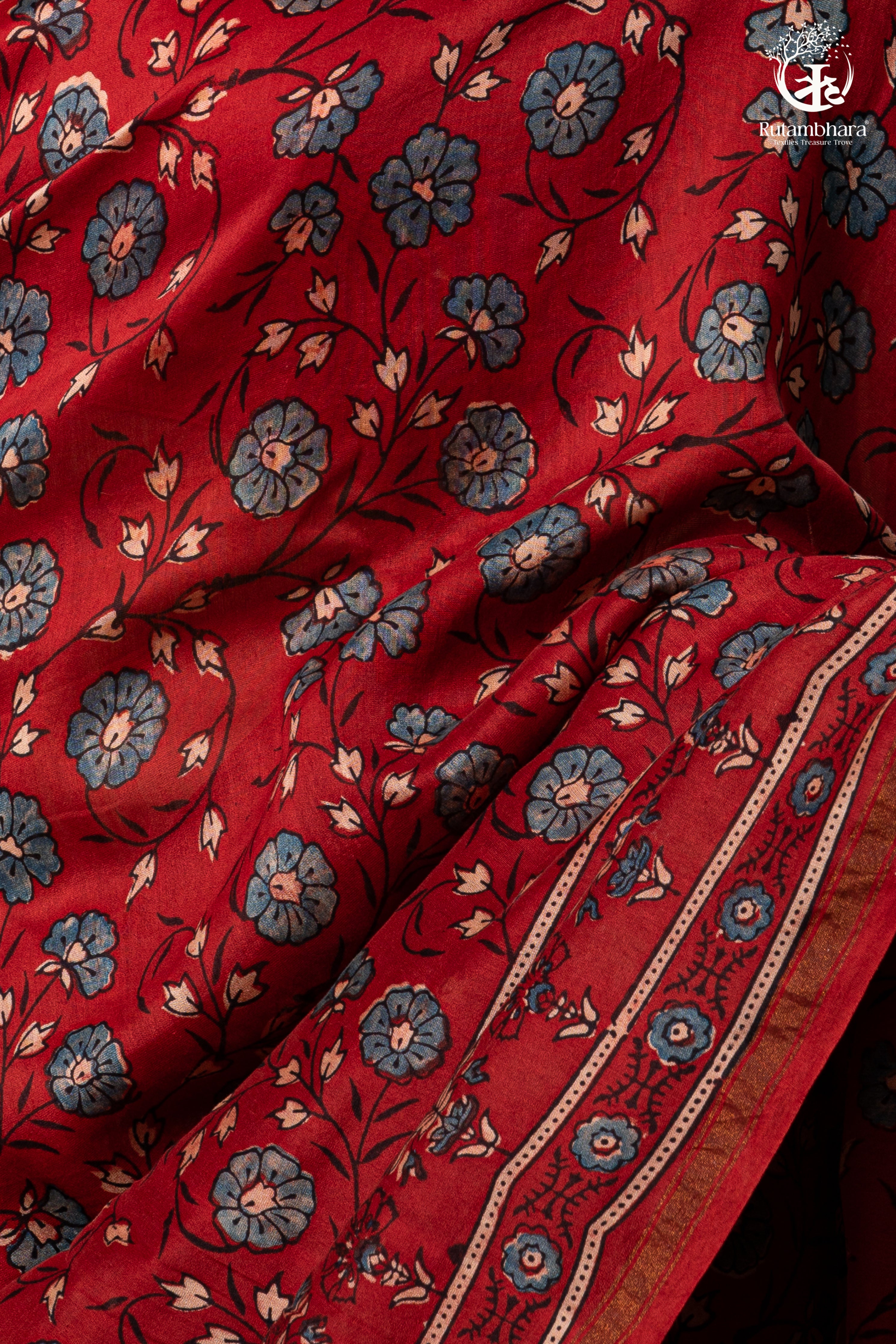 Ushraa - Vermilion Red Ajrakh Silk Cotton Saree with Delicate Gold Zari Border