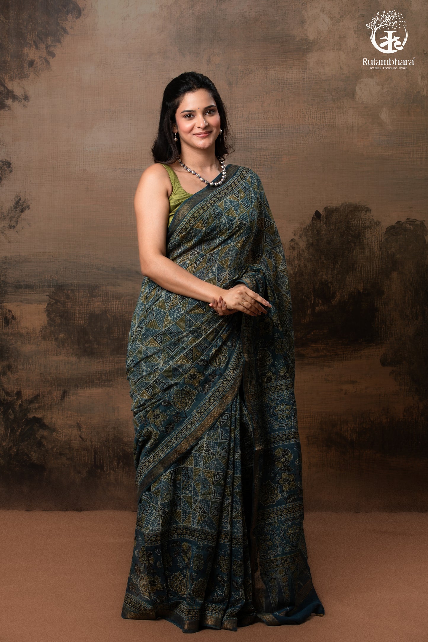 Ushraa - Indigo Ajrakh Kota Silk Cotton Saree with Subtle Zari Border