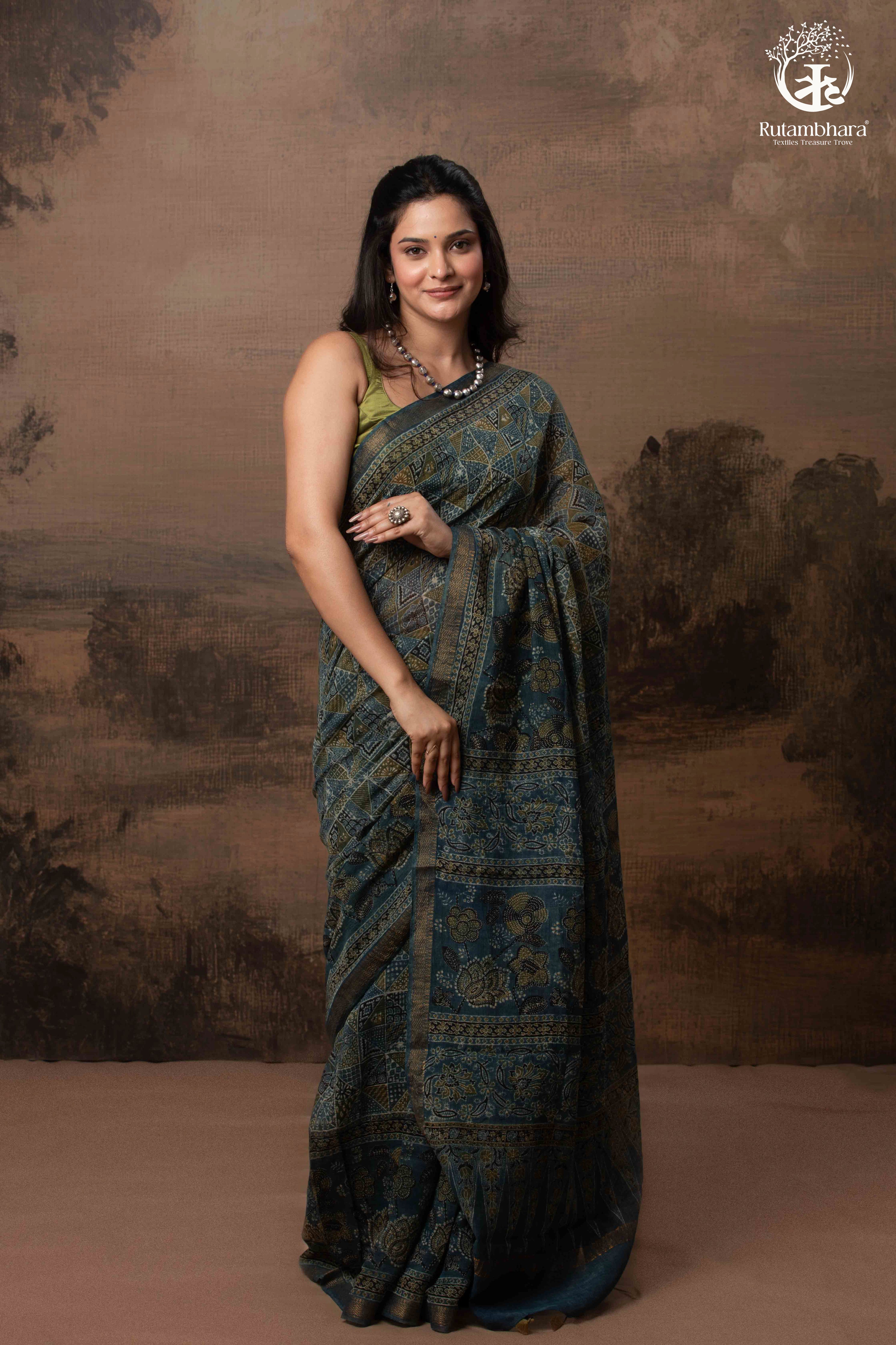 Ushraa - Indigo Ajrakh Kota Silk Cotton Saree with Subtle Zari Border