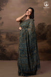Ushraa - Indigo Ajrakh Kota Silk Cotton Saree with Subtle Zari Border