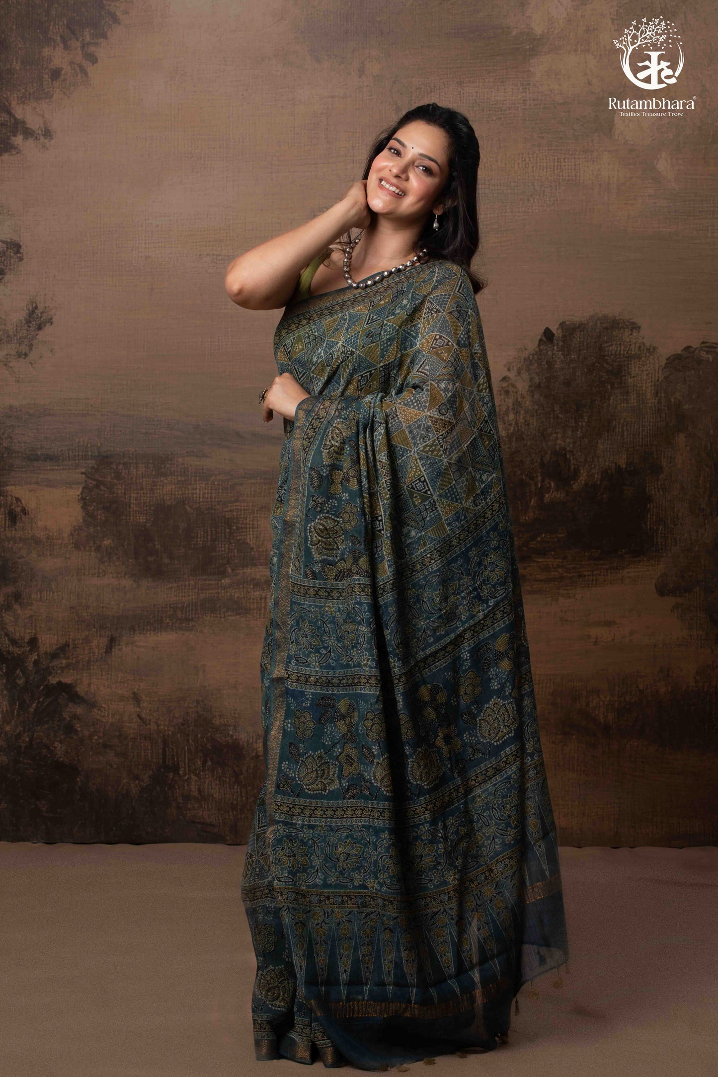 Ushraa - Indigo Ajrakh Kota Silk Cotton Saree with Subtle Zari Border