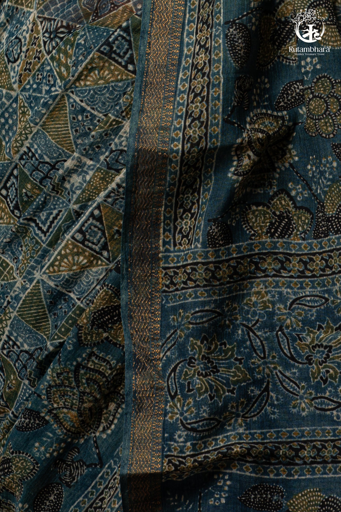 Ushraa - Indigo Ajrakh Kota Silk Cotton Saree with Subtle Zari Border