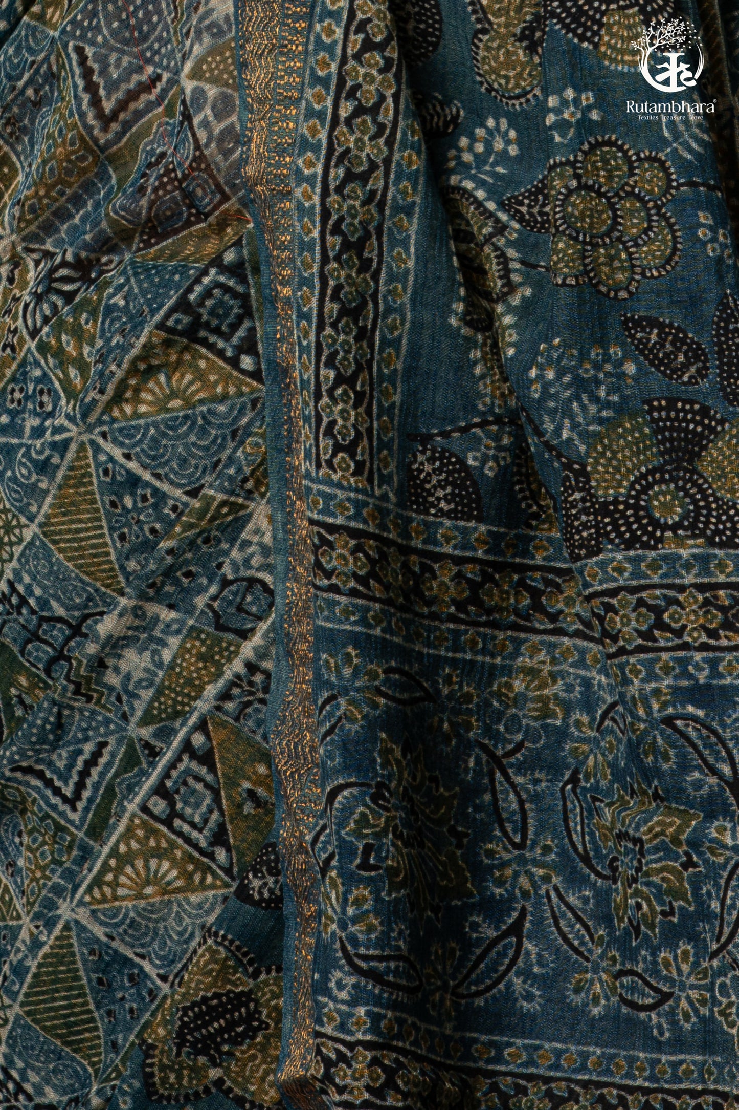 Ushraa - Indigo Ajrakh Kota Silk Cotton Saree with Subtle Zari Border