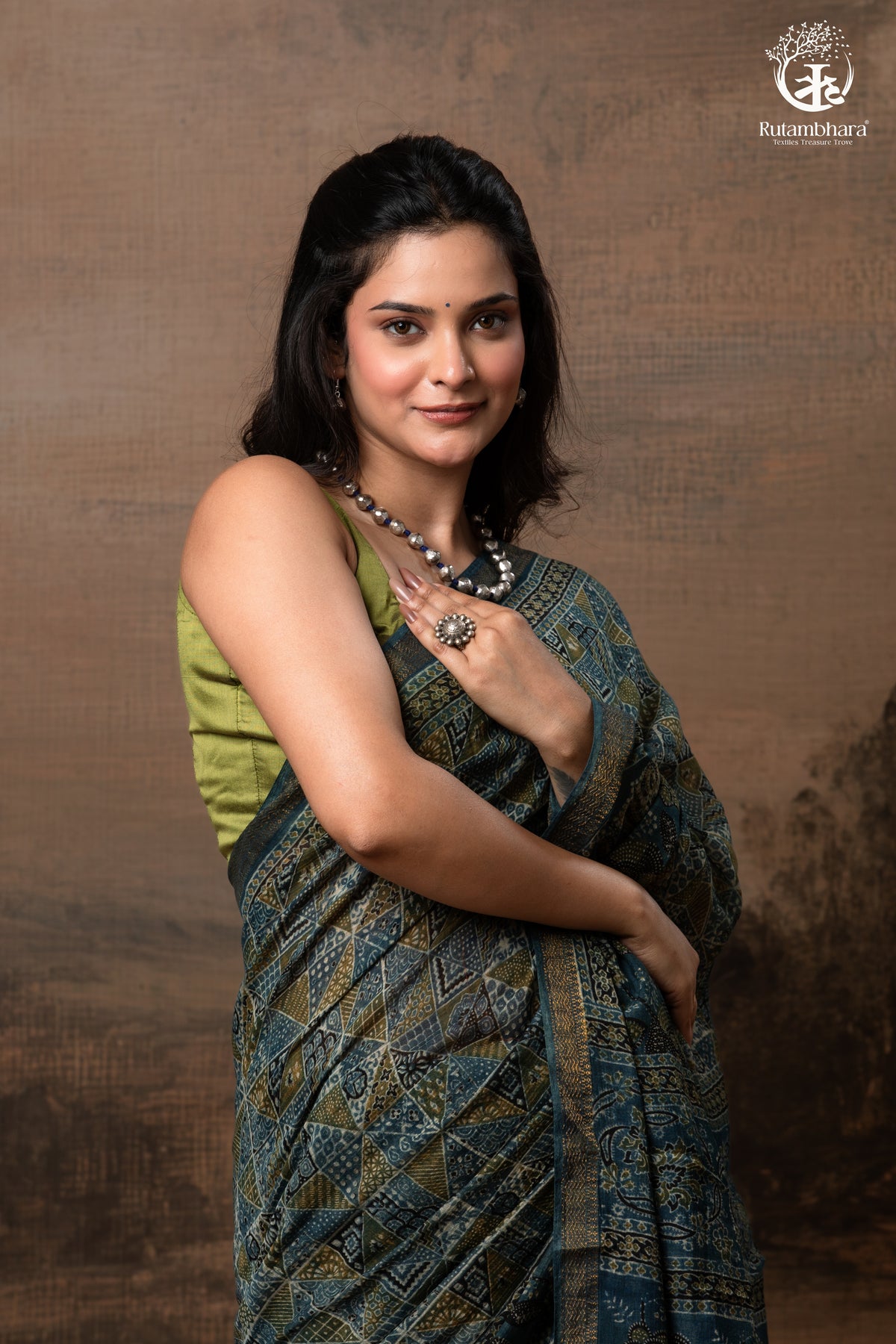 Ushraa - Indigo Ajrakh Kota Silk Cotton Saree with Subtle Zari Border