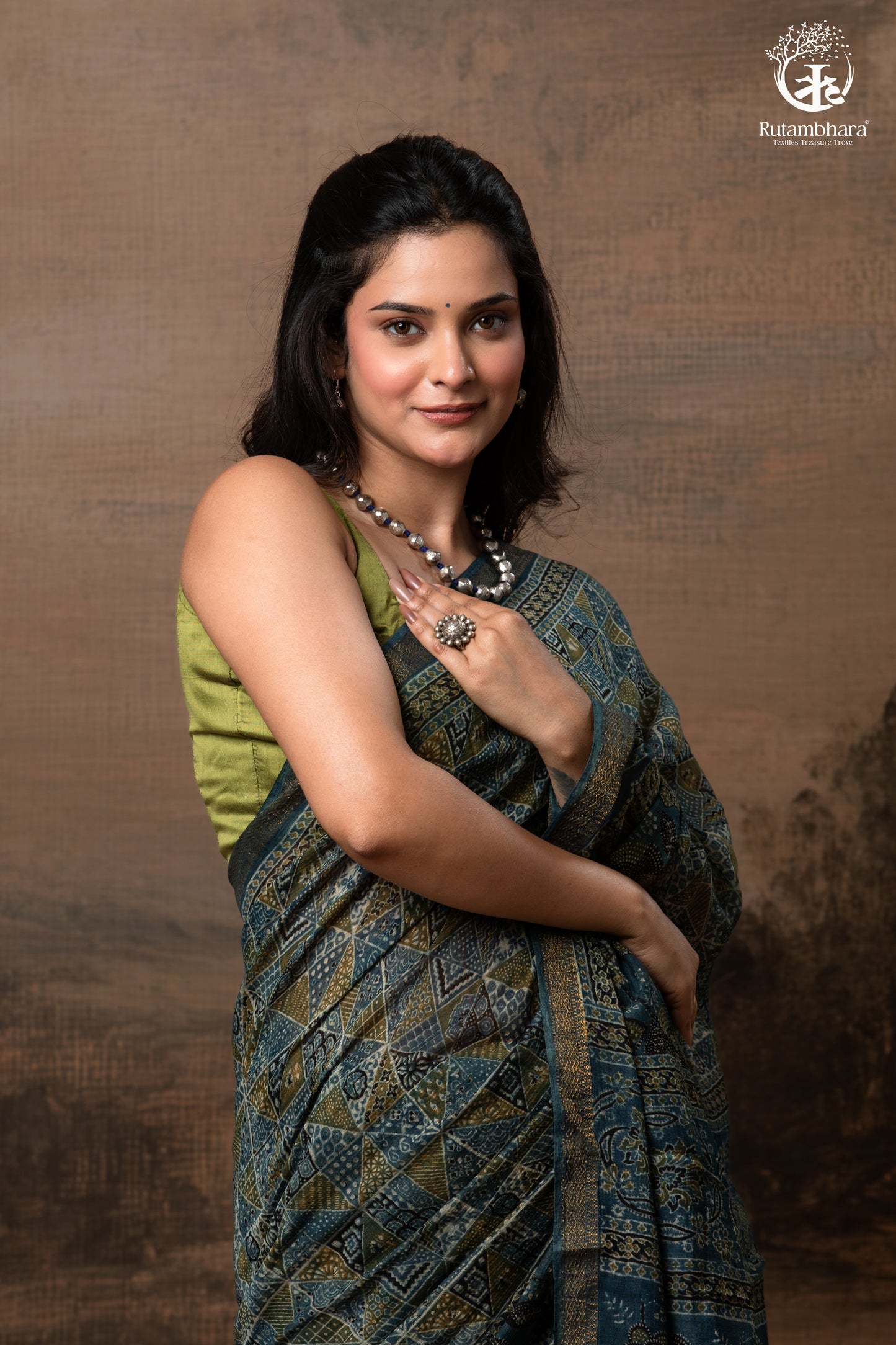 Ushraa - Indigo Ajrakh Kota Silk Cotton Saree with Subtle Zari Border