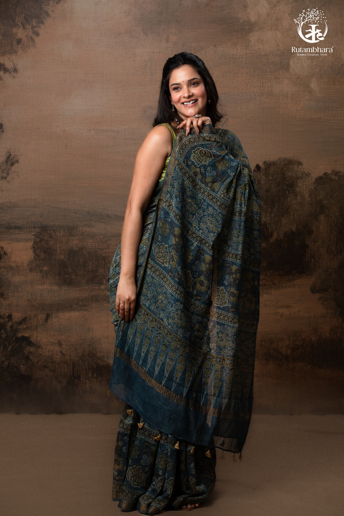 Ushraa - Indigo Ajrakh Kota Silk Cotton Saree with Subtle Zari Border