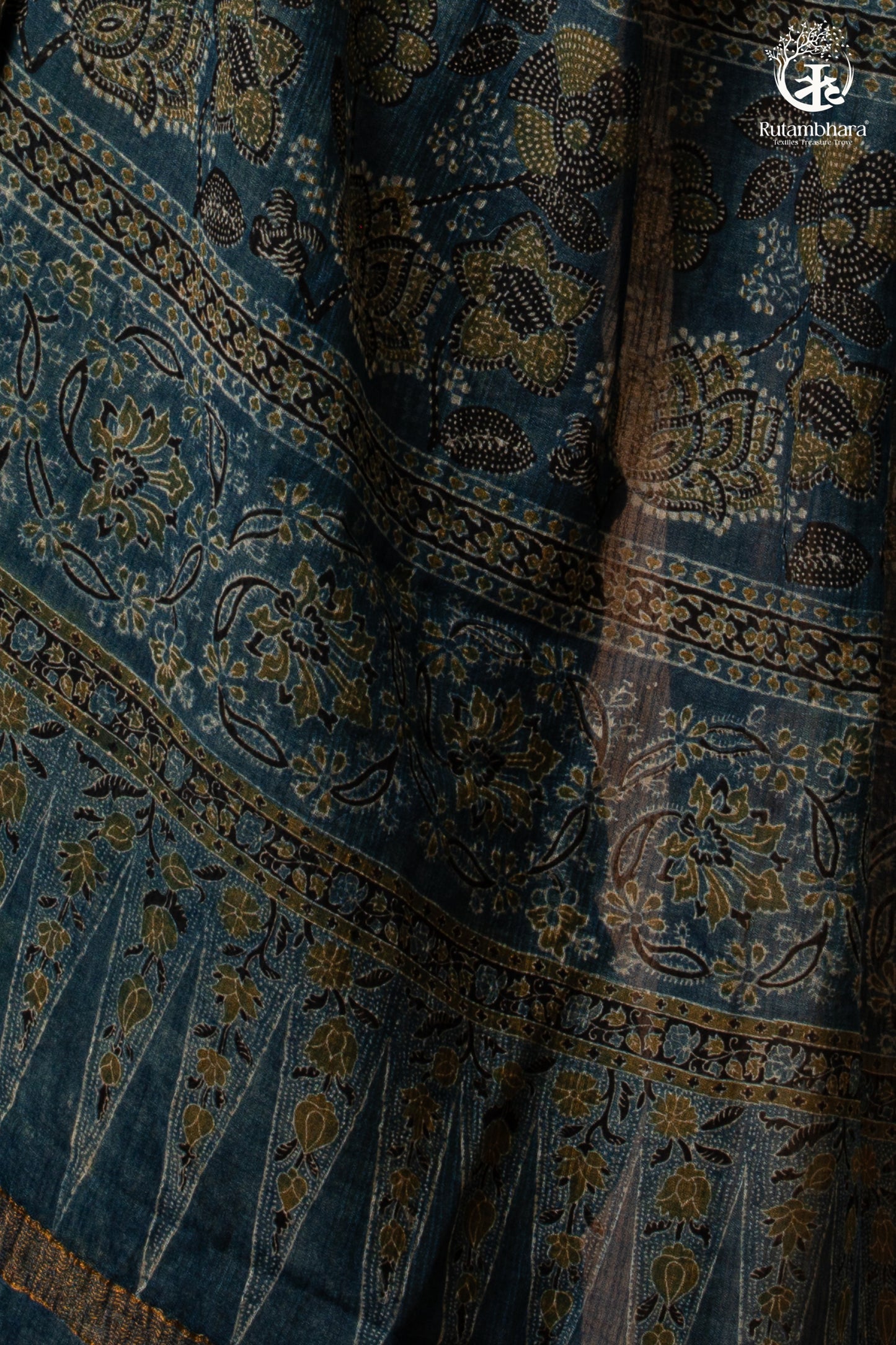 Ushraa - Indigo Ajrakh Kota Silk Cotton Saree with Subtle Zari Border