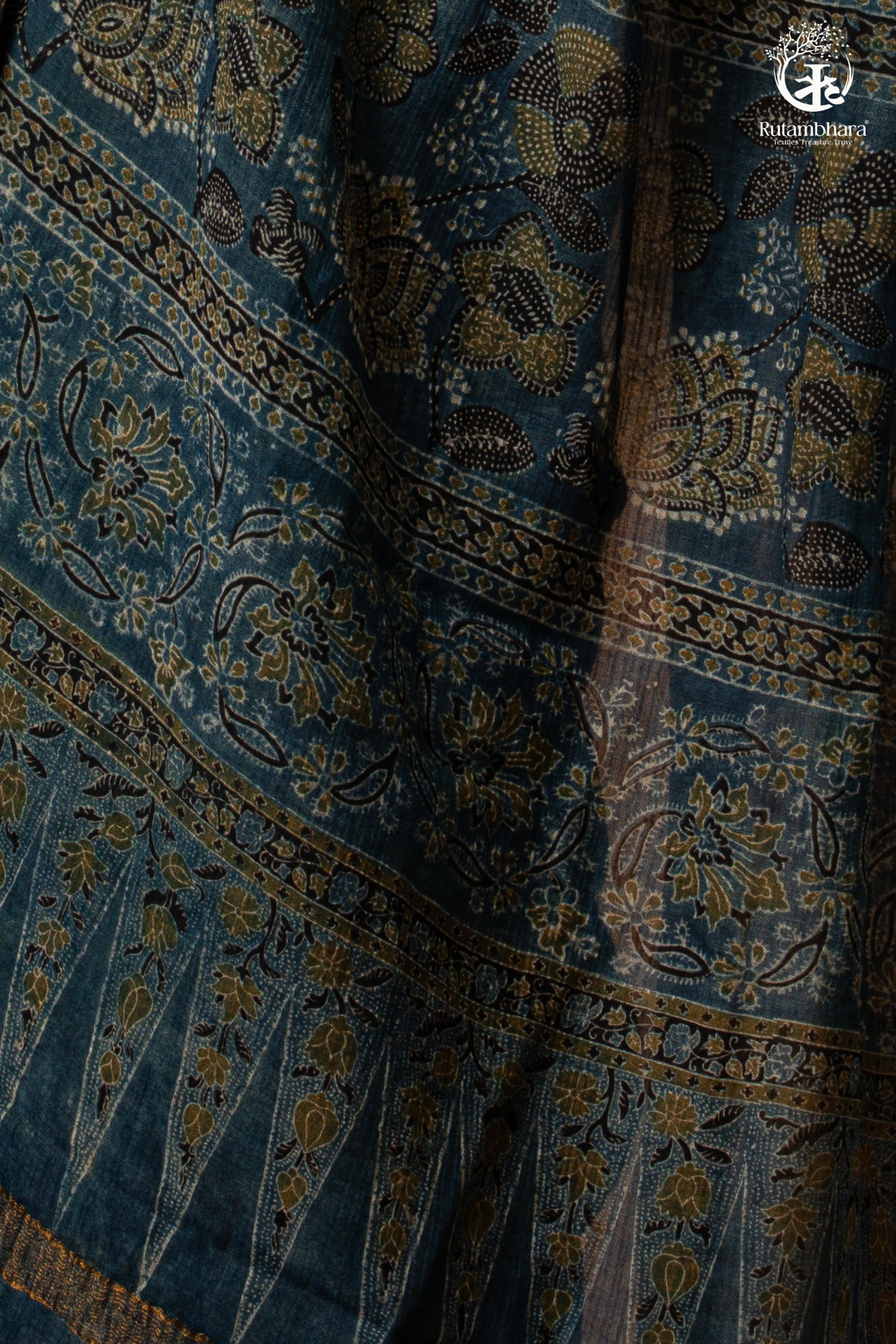 Ushraa - Indigo Ajrakh Kota Silk Cotton Saree with Subtle Zari Border