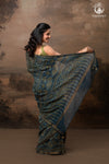Ushraa - Indigo Ajrakh Kota Silk Cotton Saree with Subtle Zari Border