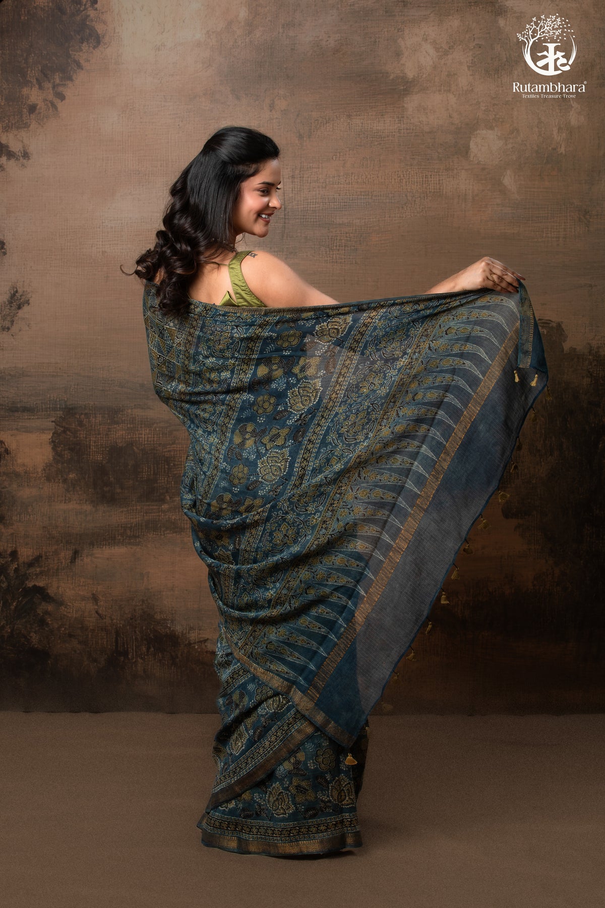 Ushraa - Indigo Ajrakh Kota Silk Cotton Saree with Subtle Zari Border