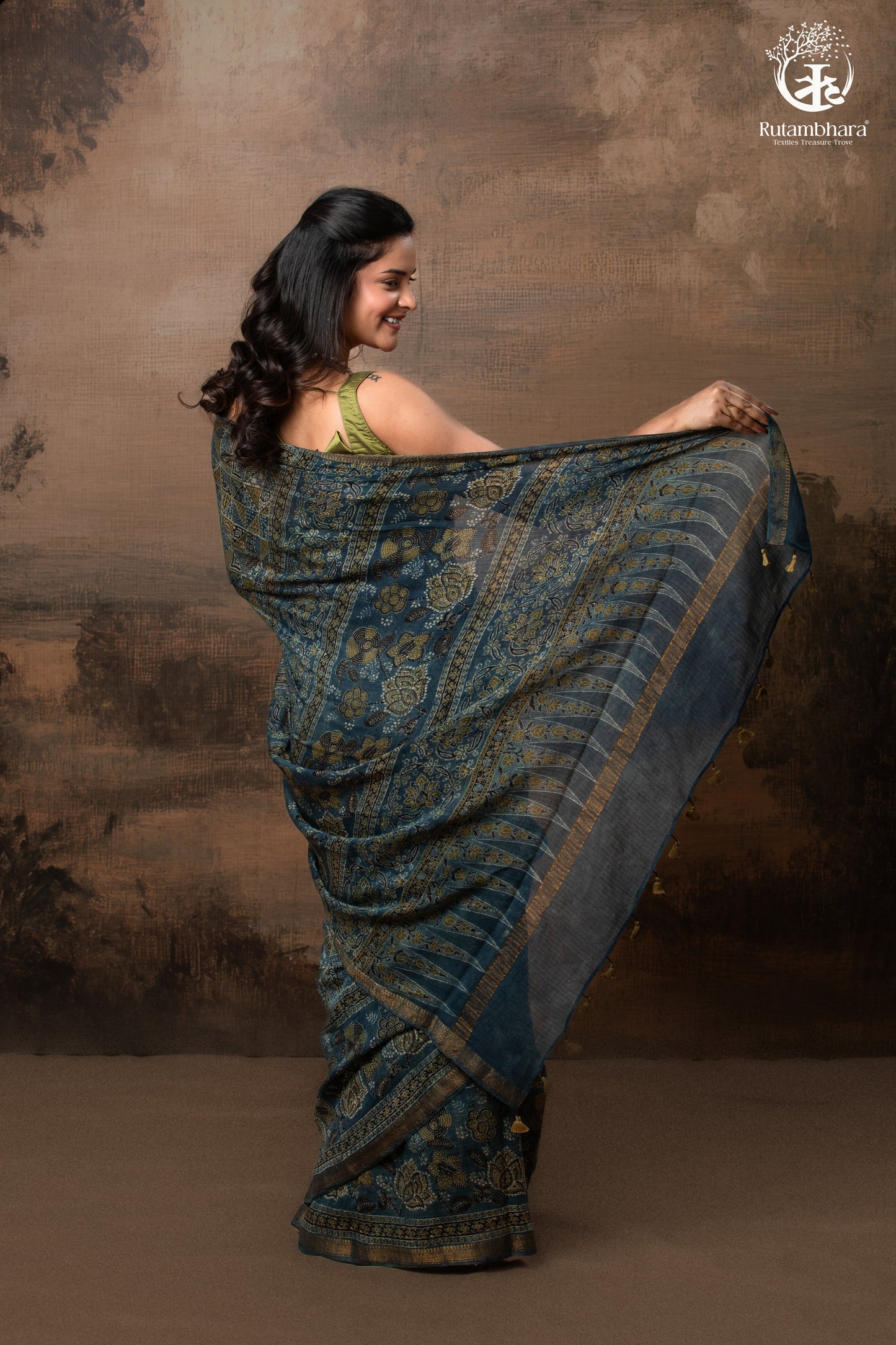 Ushraa - Indigo Ajrakh Kota Silk Cotton Saree with Subtle Zari Border