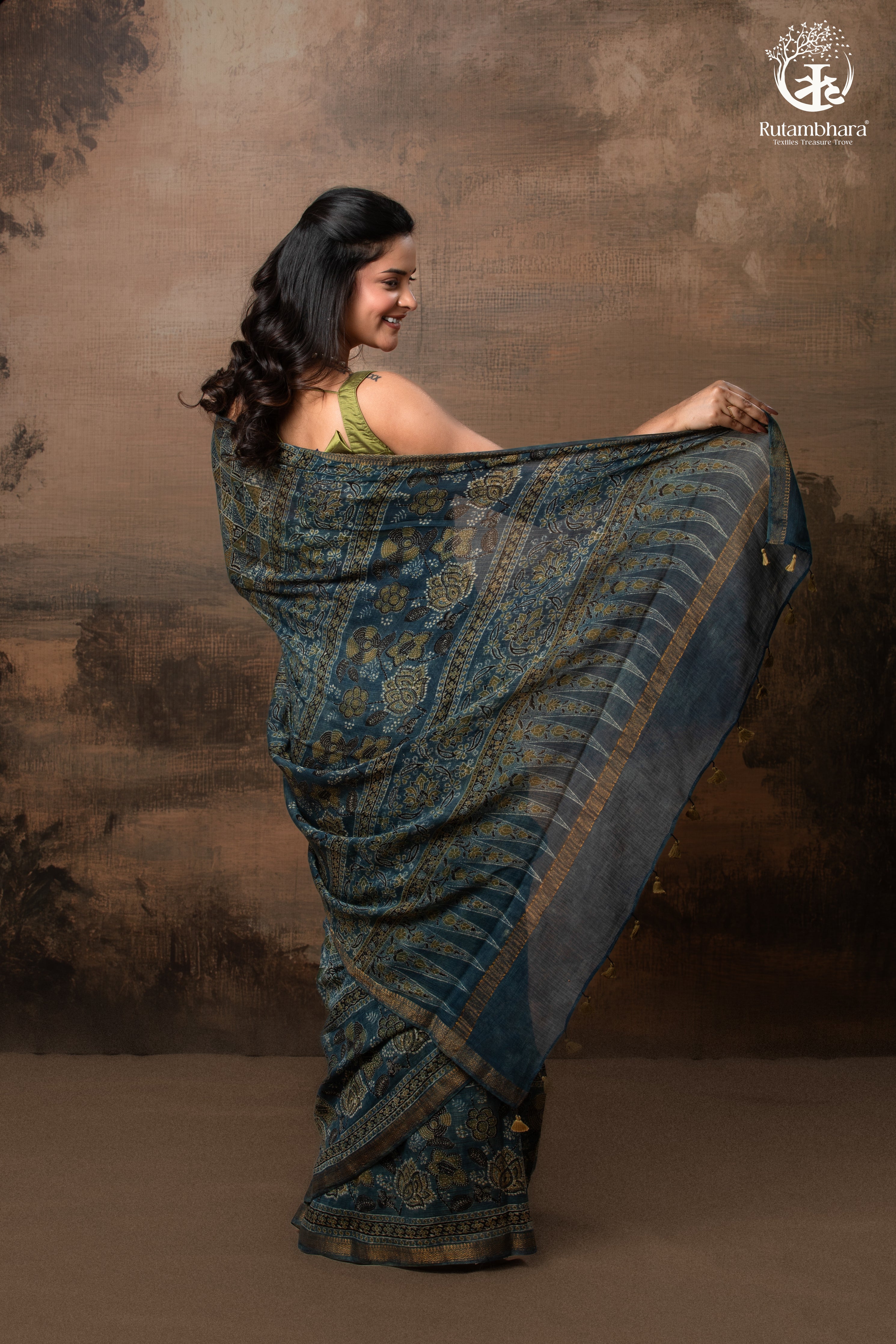 Ushraa - Indigo Ajrakh Kota Silk Cotton Saree with Subtle Zari Border