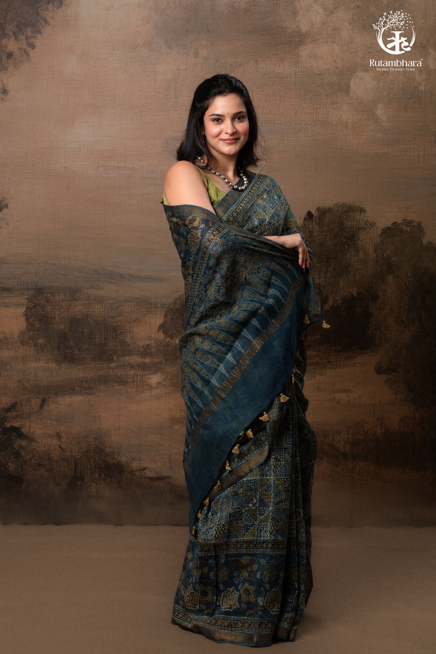Ushraa - Indigo Ajrakh Kota Silk Cotton Saree with Subtle Zari Border