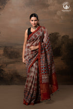 Ushraa - Rust Red and Indigo Ajrakh Silk Cotton Saree with Delicate Gold Zari Border-RUTAMBHARA-RUTAMBHARA