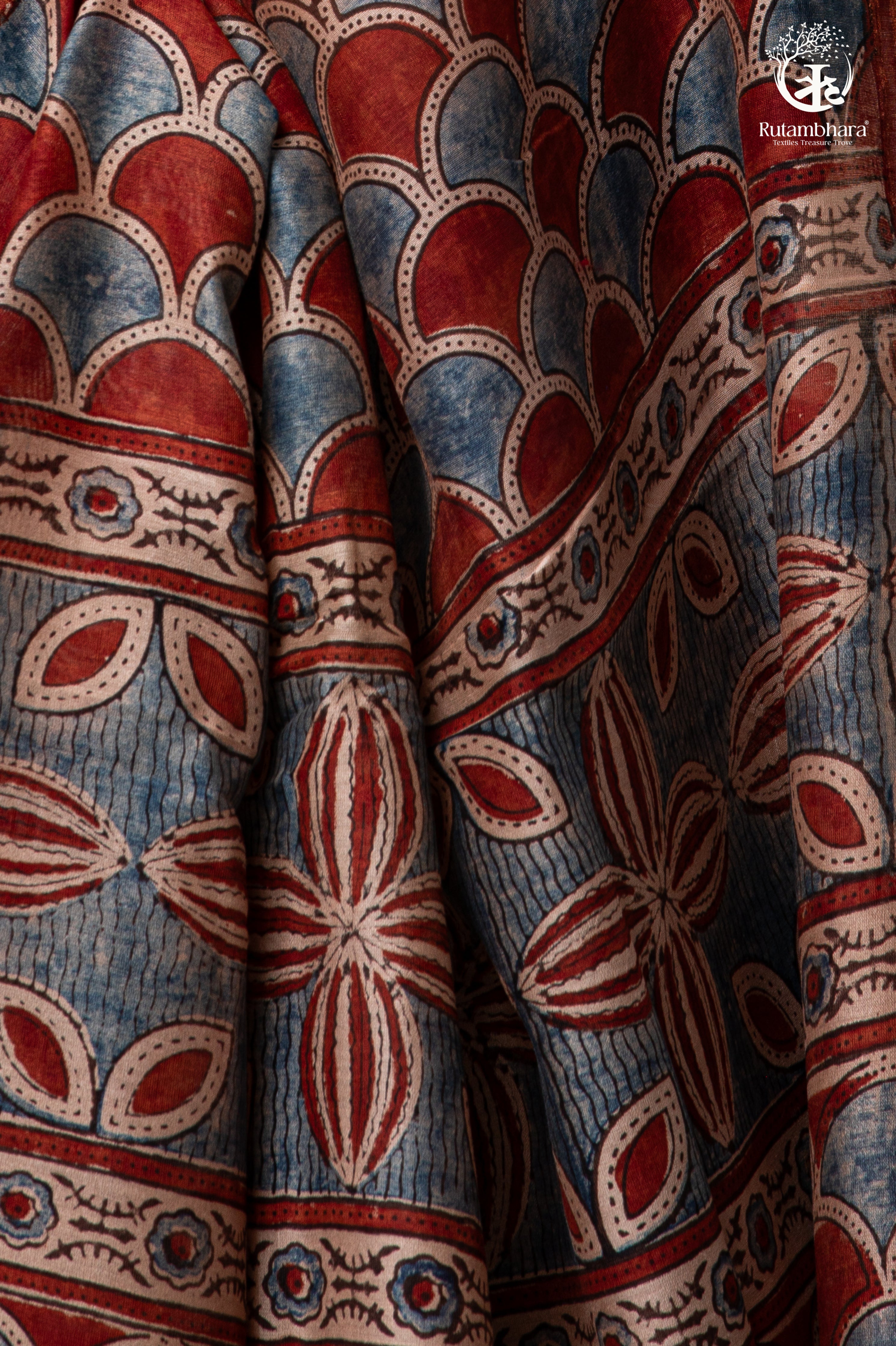 Ushraa - Rust Red and Indigo Ajrakh Silk Cotton Saree with Delicate Gold Zari Border