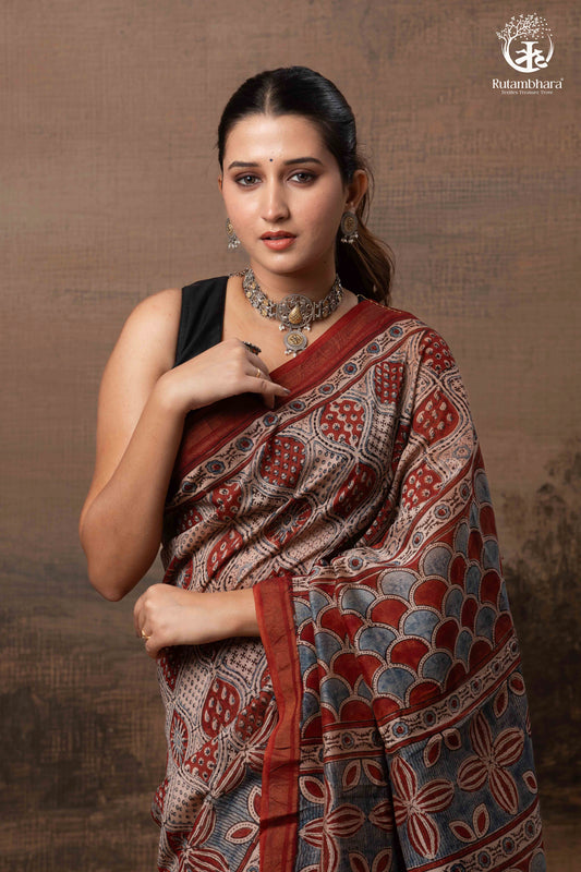 Ushraa - Rust Red and Indigo Ajrakh Silk Cotton Saree with Delicate Gold Zari Border