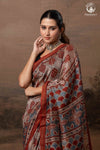 Ushraa - Rust Red and Indigo Ajrakh Silk Cotton Saree with Delicate Gold Zari Border