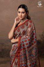 Ushraa - Rust Red and Indigo Ajrakh Silk Cotton Saree with Delicate Gold Zari Border-RUTAMBHARA-RUTAMBHARA