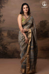 Ushraa - Deep Taupe Ajrakh Hand Block Printed Cotton Silk Saree with Gold Zari Border