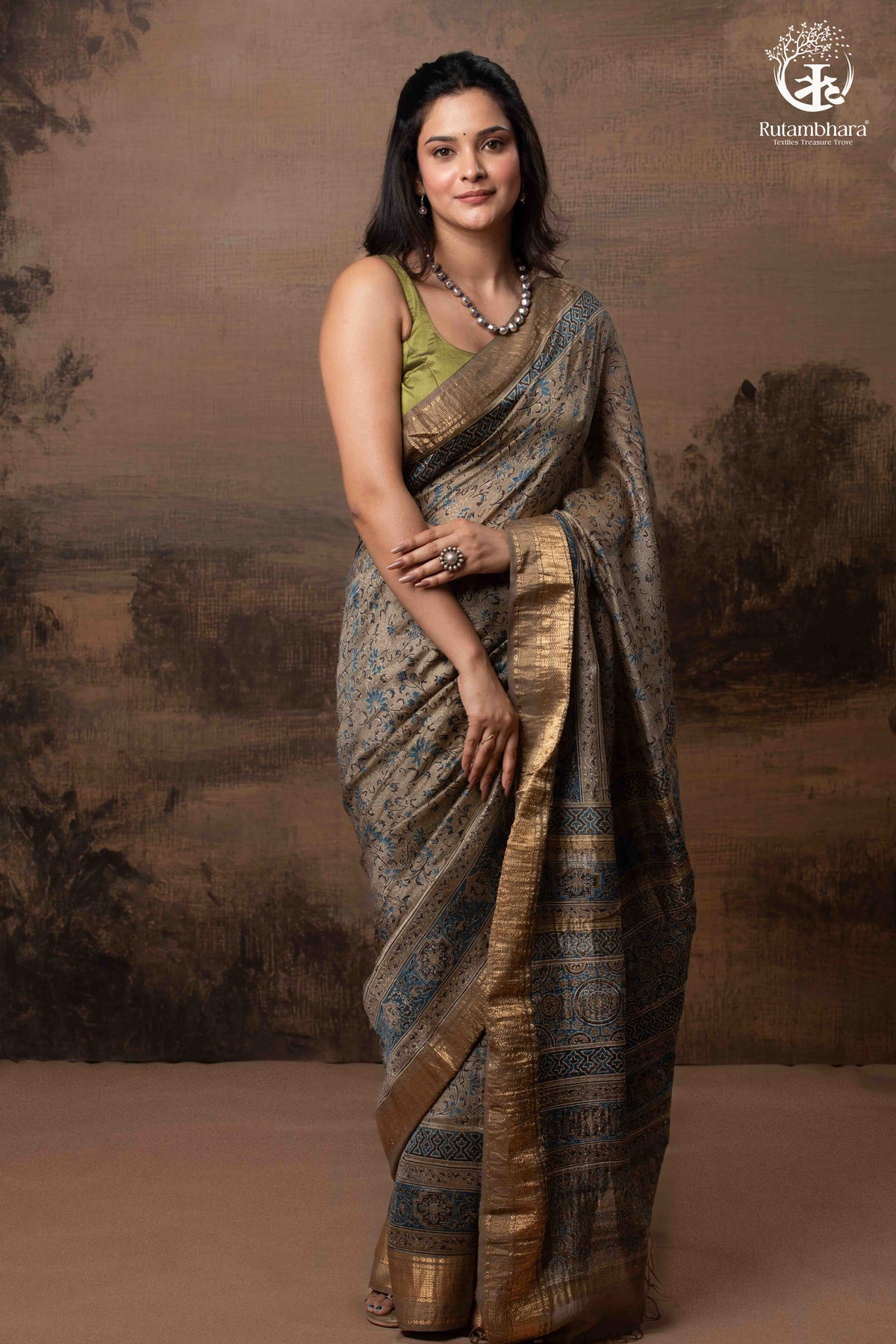Ushraa - Deep Taupe Ajrakh Hand Block Printed Cotton Silk Saree with Gold Zari Border