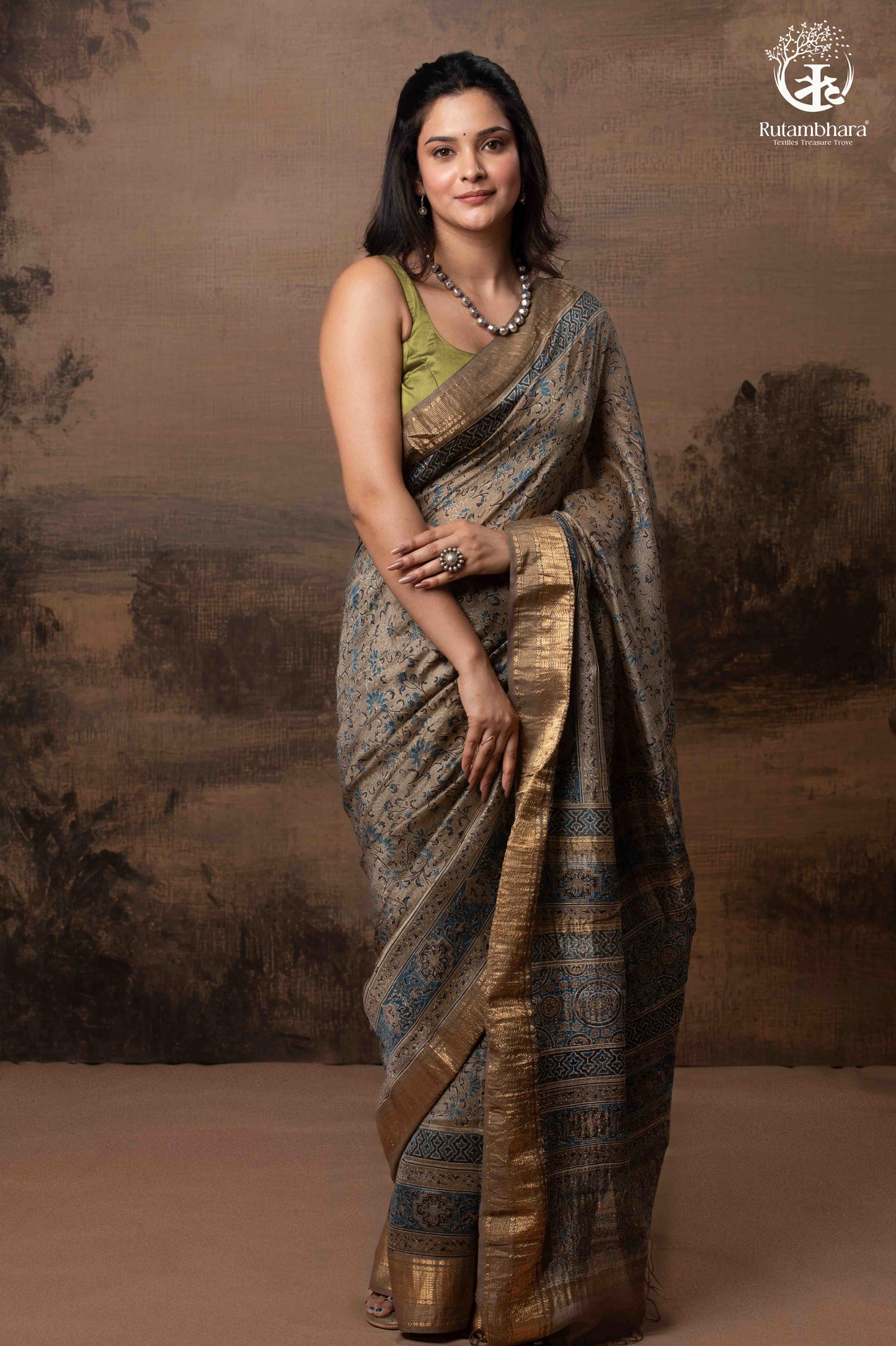 Ushraa - Deep Taupe Ajrakh Hand Block Printed Cotton Silk Saree with Gold Zari Border