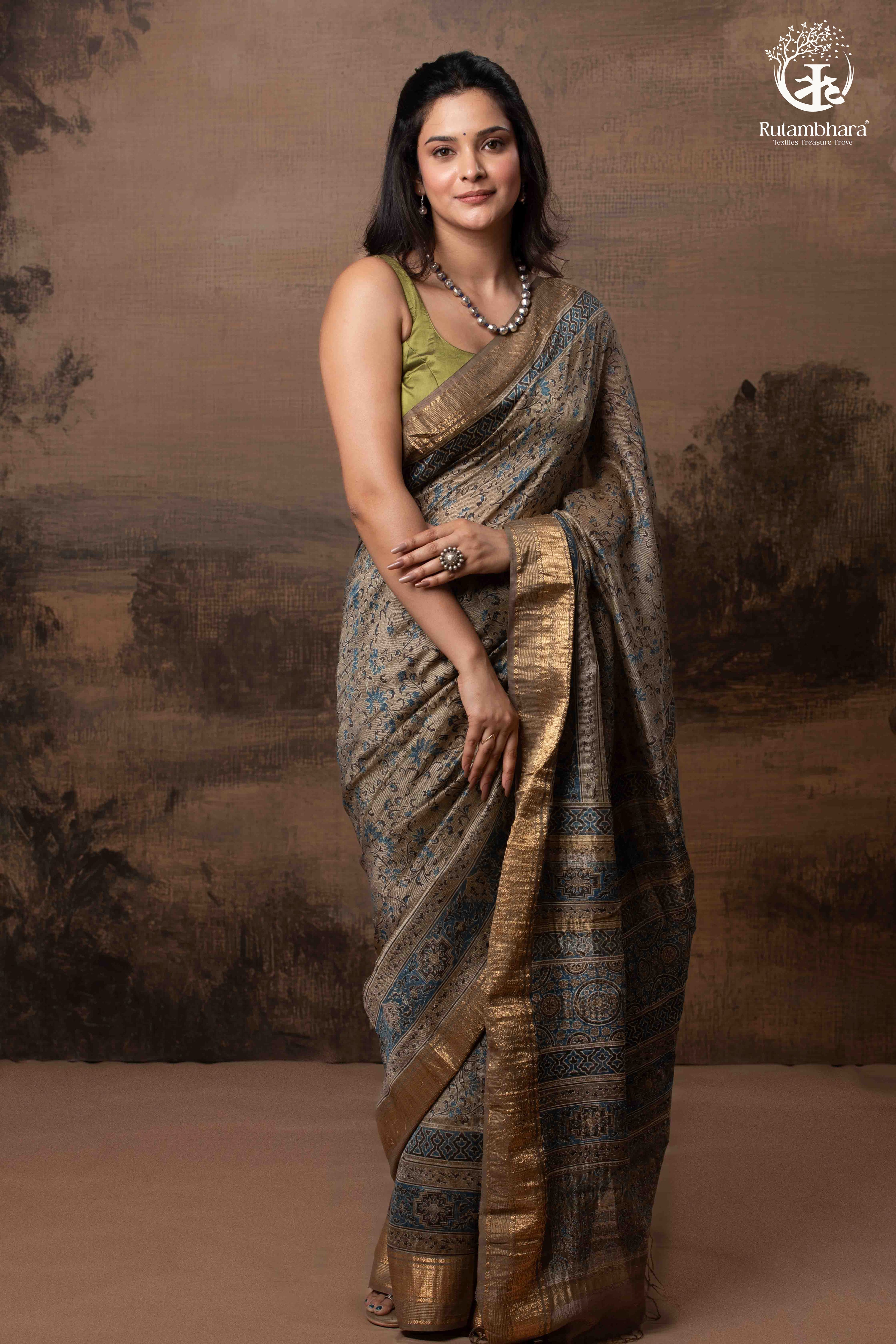 Ushraa - Deep Taupe Ajrakh Hand Block Printed Cotton Silk Saree with Gold Zari Border