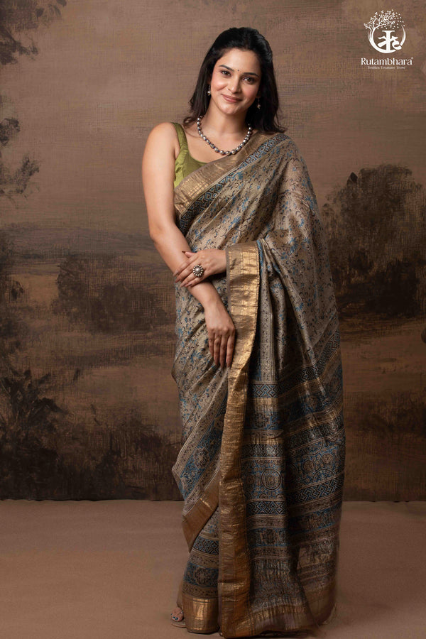 Ushraa - Deep Taupe Ajrakh Hand Block Printed Cotton Silk Saree with Gold Zari Border-RUTAMBHARA-RUTAMBHARA