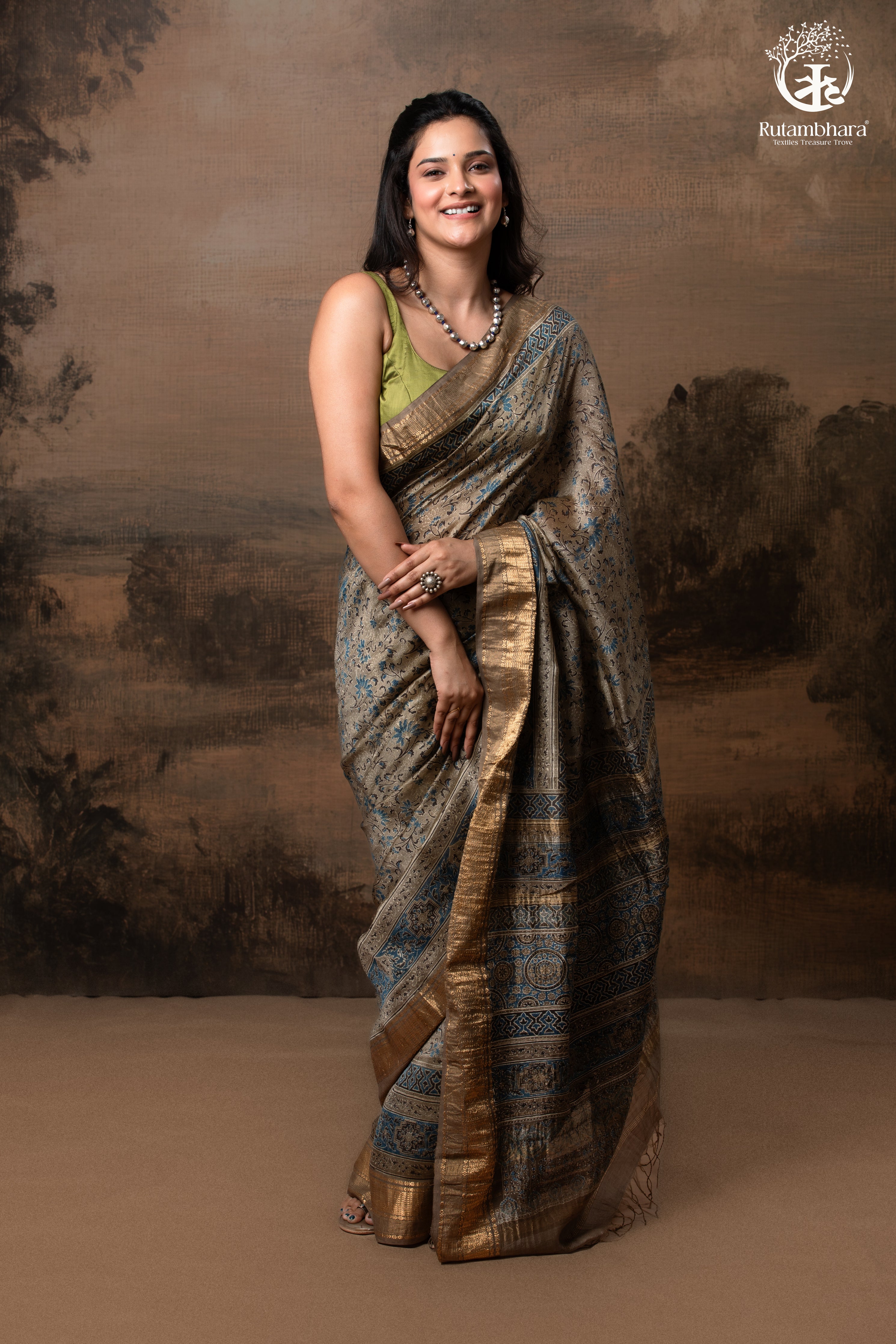 Ushraa - Deep Taupe Ajrakh Hand Block Printed Cotton Silk Saree with Gold Zari Border