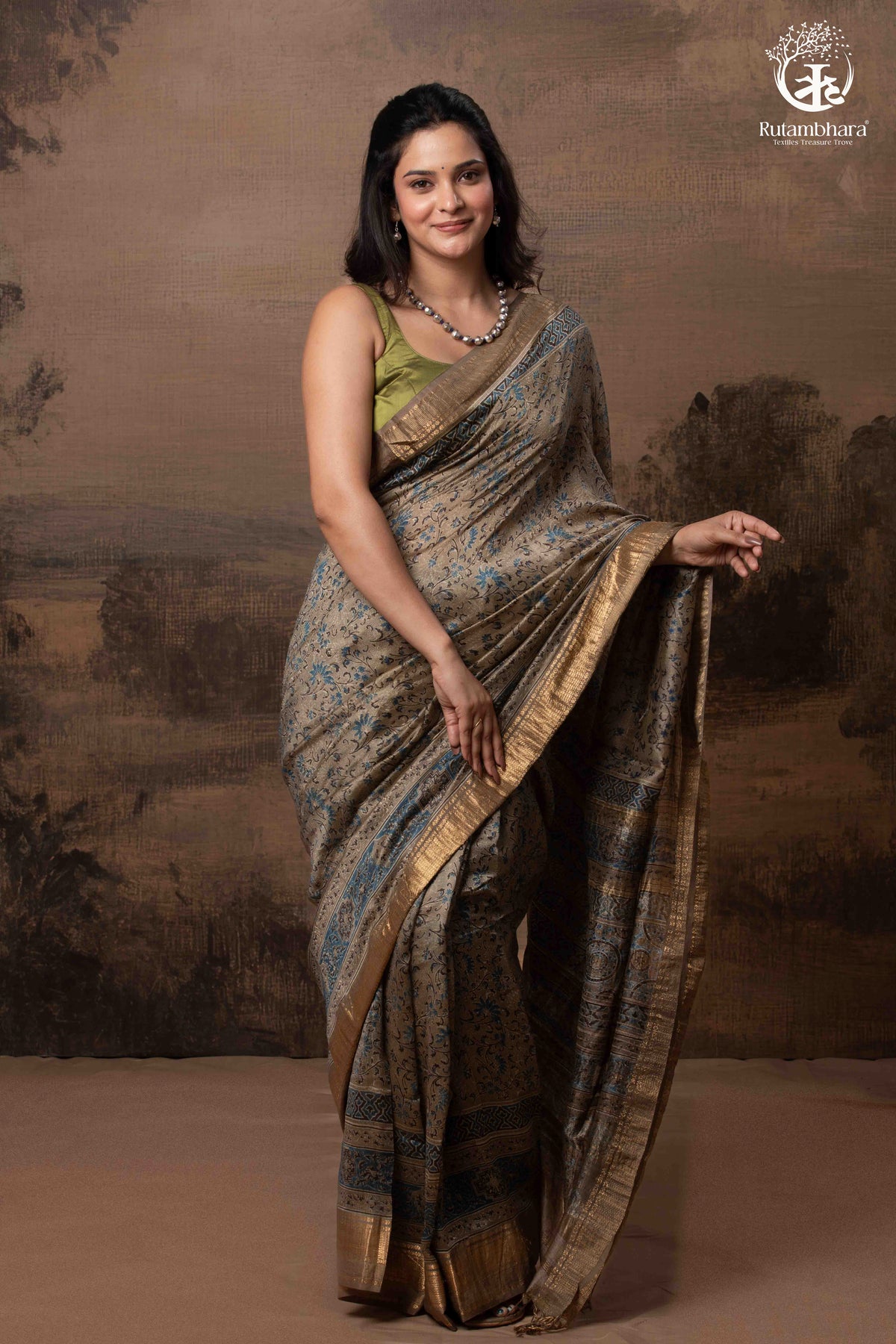 Ushraa - Deep Taupe Ajrakh Hand Block Printed Cotton Silk Saree with Gold Zari Border